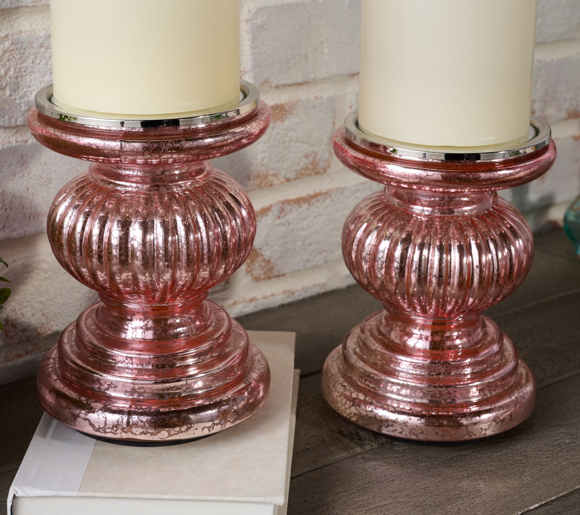 Set of 2 Lit Candle Holder Pedestals with Mirror Inserts by Valerie