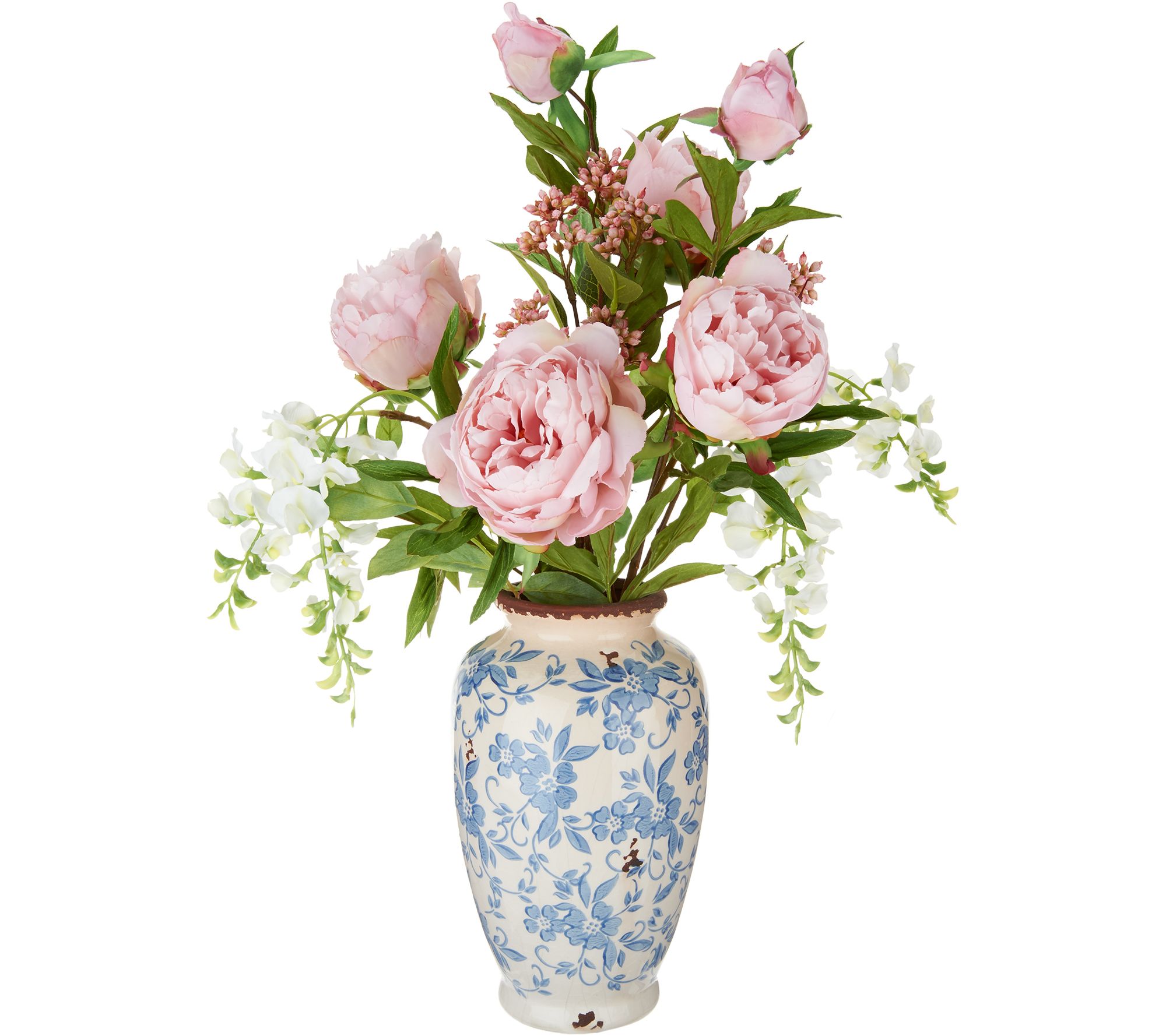 (QVC) Q2 Peony and Wisteria Arrangement in Blue and Cream Vase by