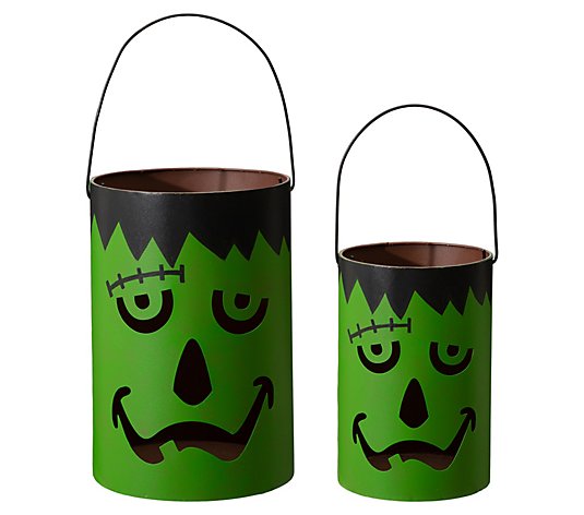 Glitzhome Halloween Monsters Metal Buckets Lanterns S/2
