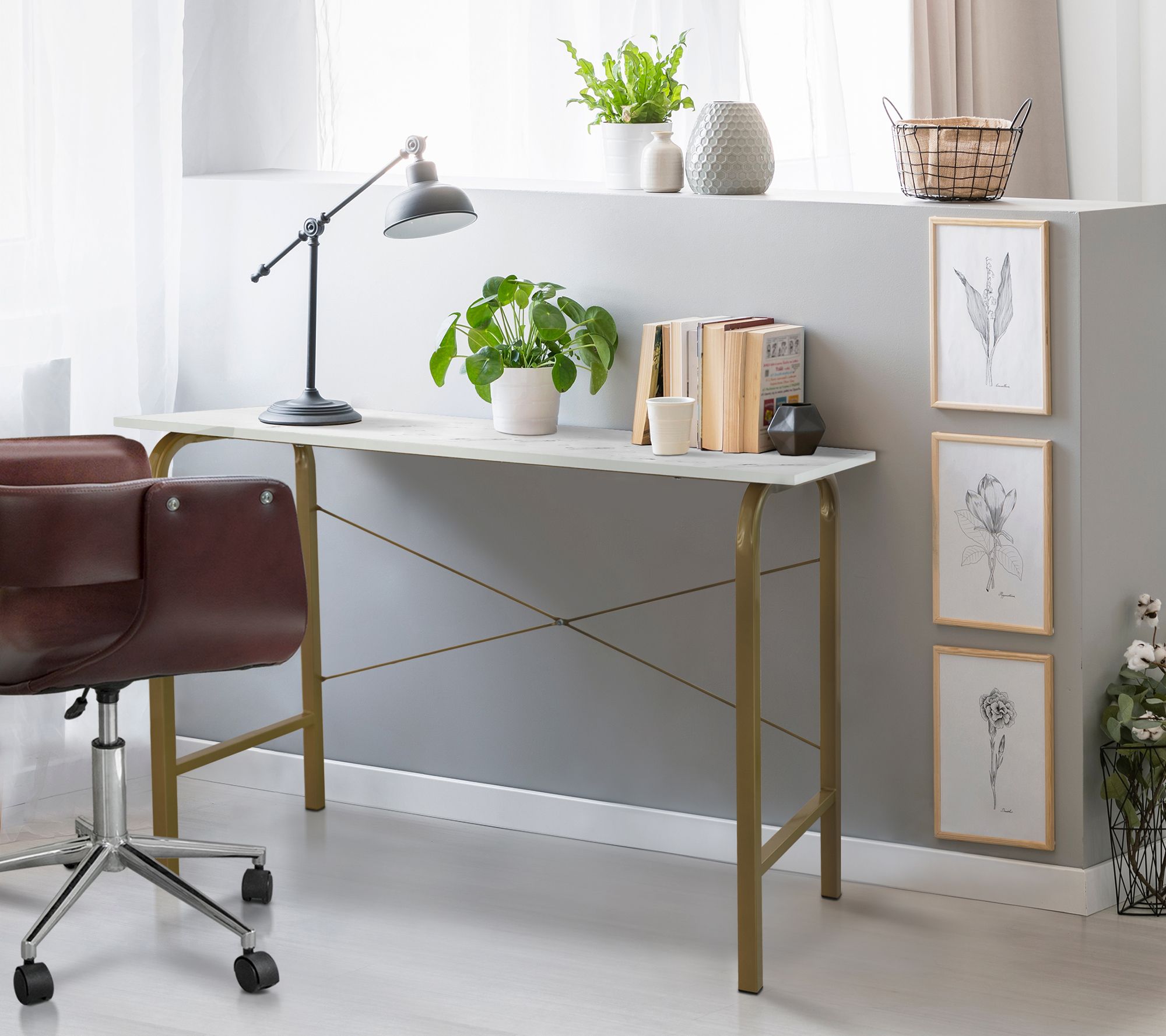 Teamson Home Office Computer Desk Metal Base, Marble/Brass