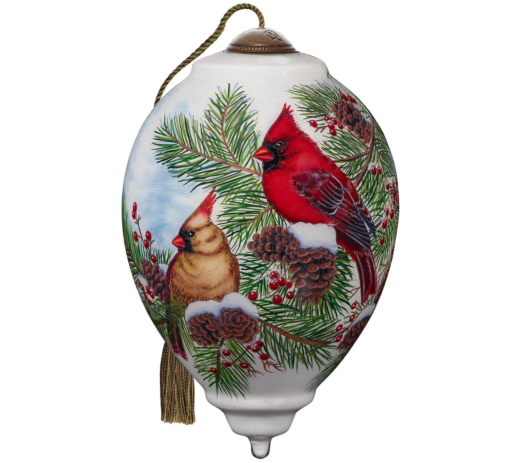 Ne'Qwa 5.5"Cardinal Couple With Snowy Pine Cone s Ornament