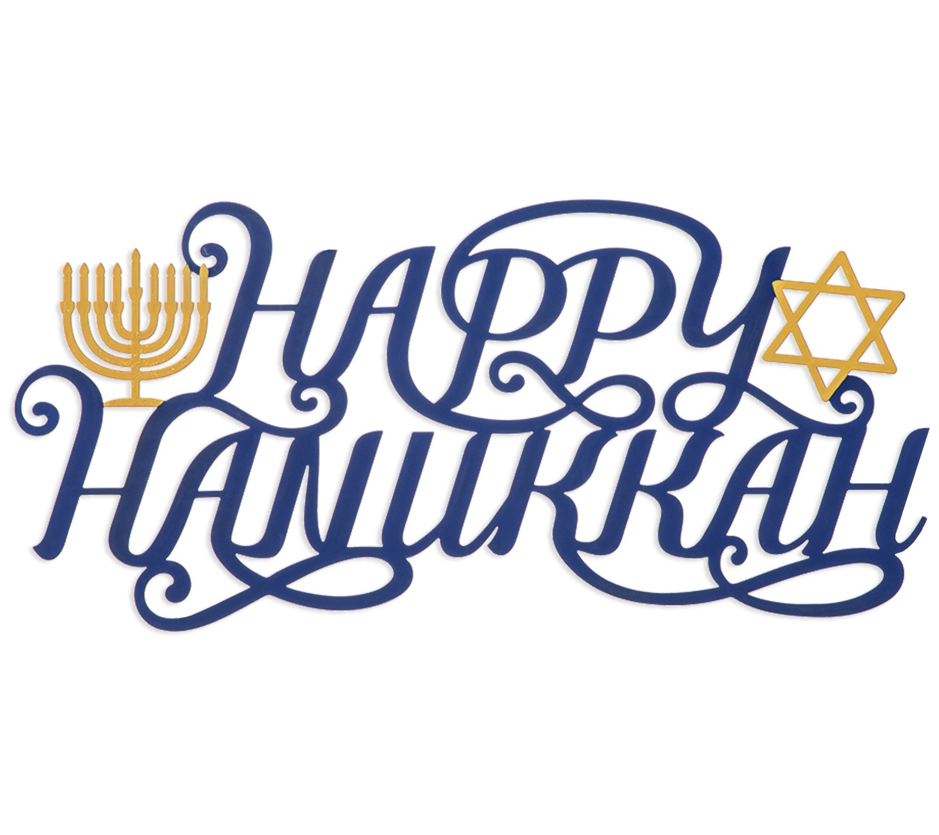 A blue Hanukkah sign with a gold Star of David and a gold menorah