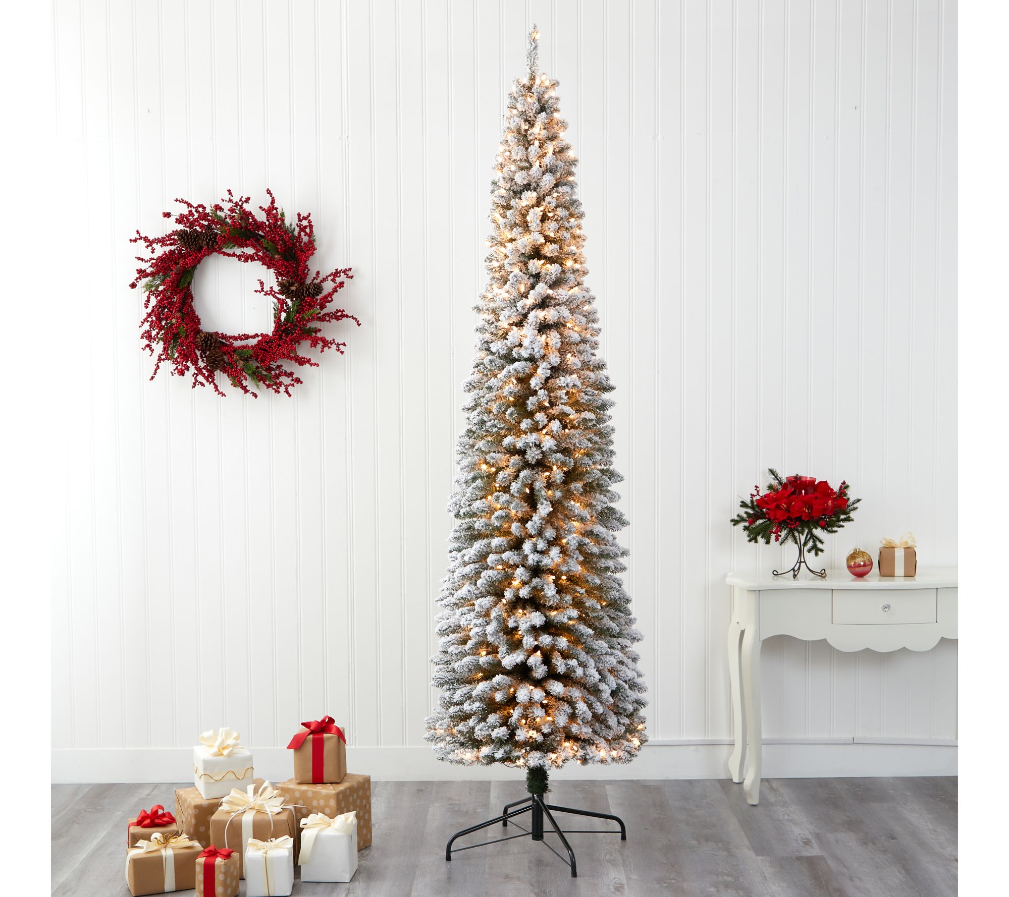 Nearly Natural 9" Flocked Penc il Faux Christm as Tree w/ Ligh