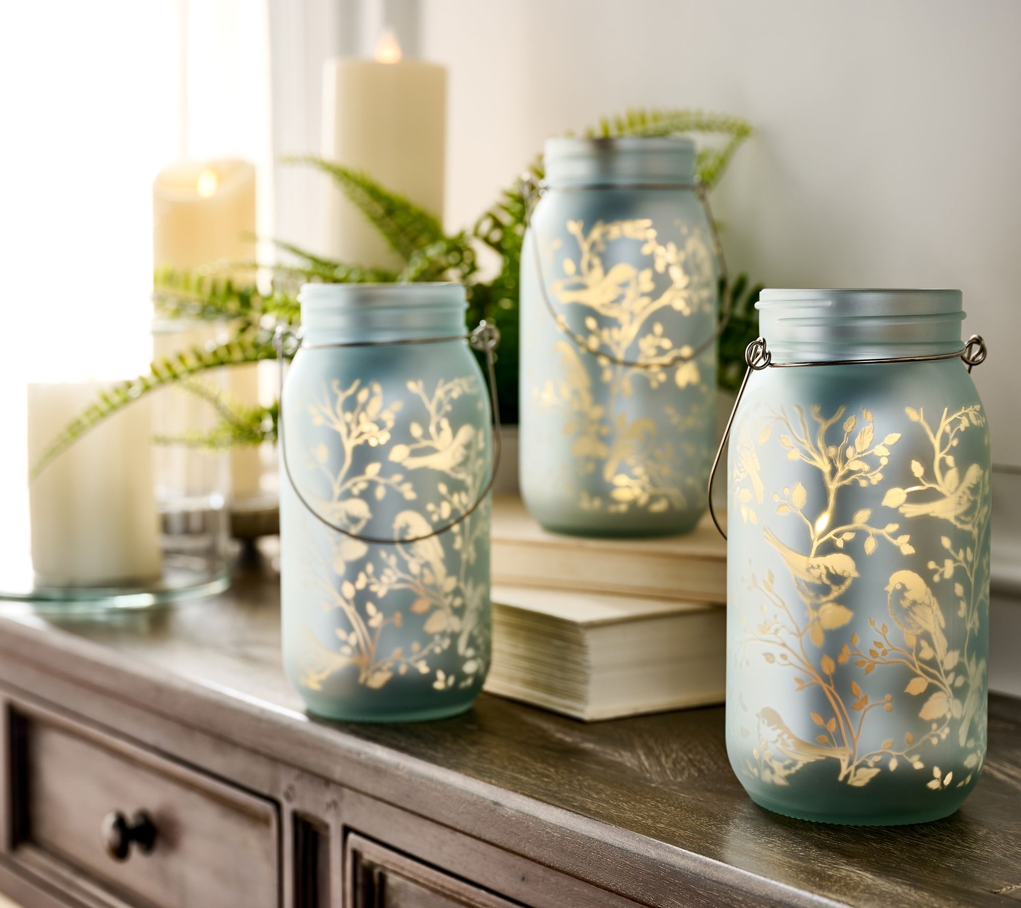 "As Is" Set of 3 7" Illuminated Bird & Vine Mason Jars