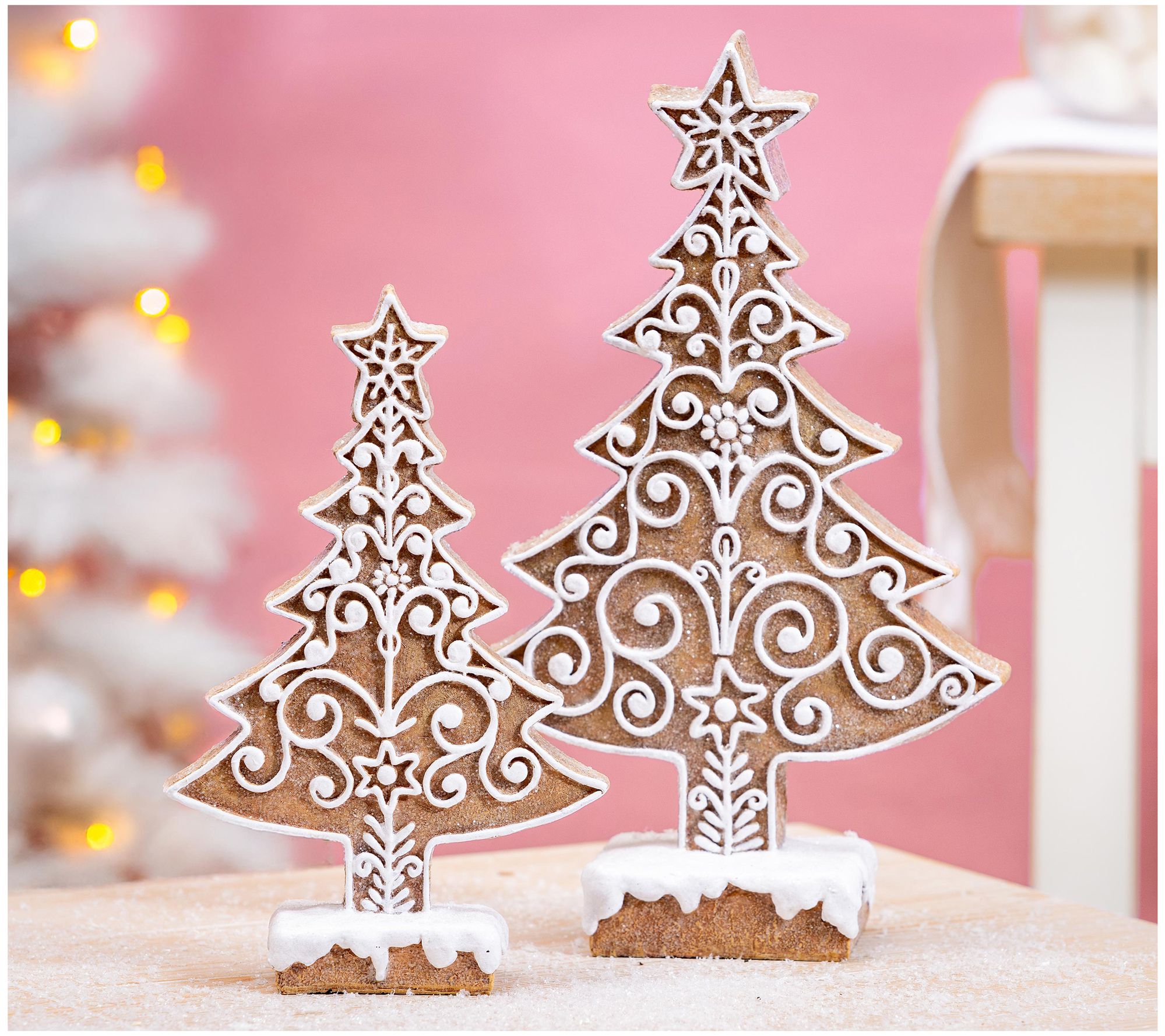 Evergreen Set of 2 Resin Iced Gingerbread TreesTable Decor