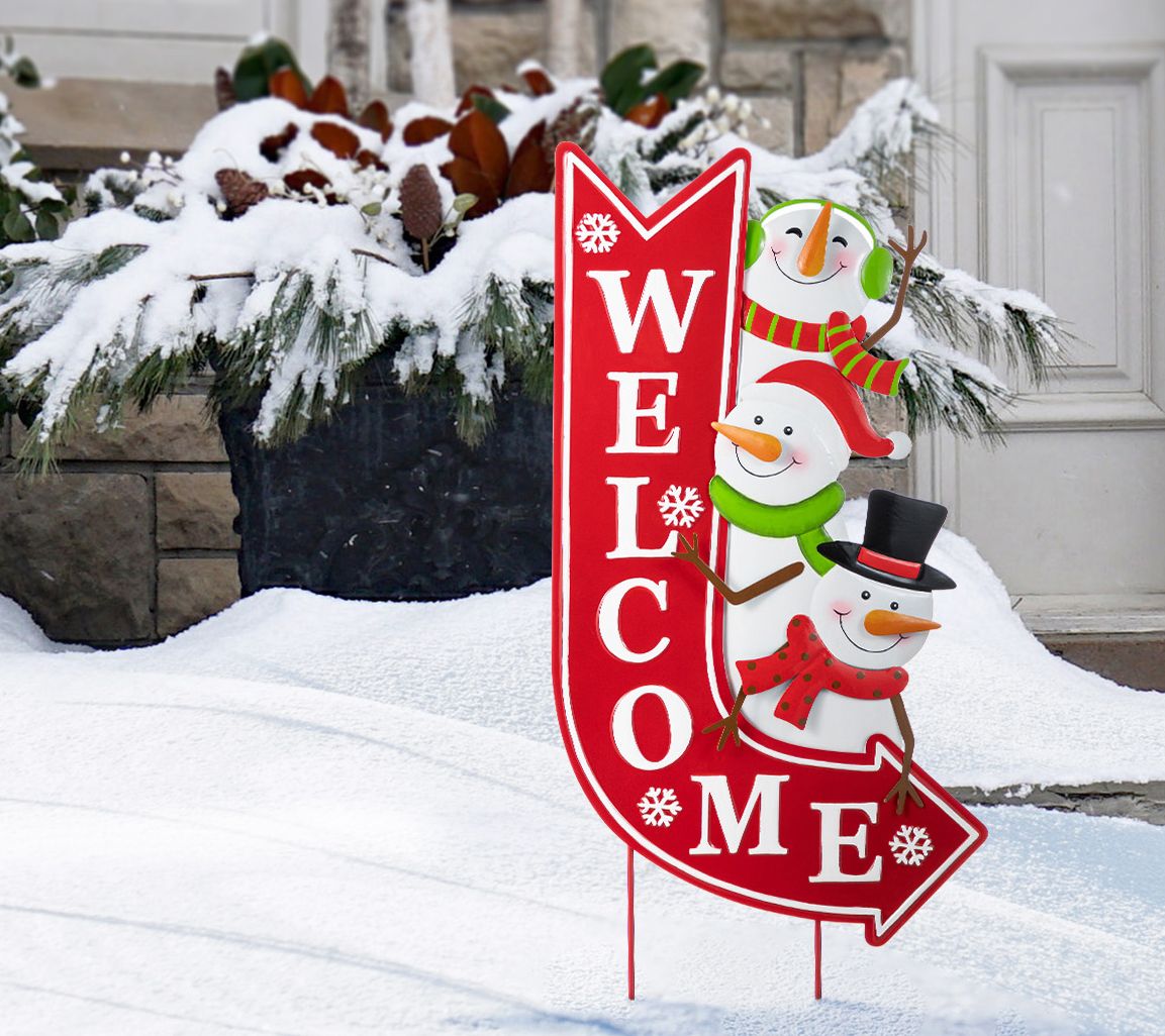 Glitzhome 36" Christmas Snowmen WELCOME Here Garden Stake