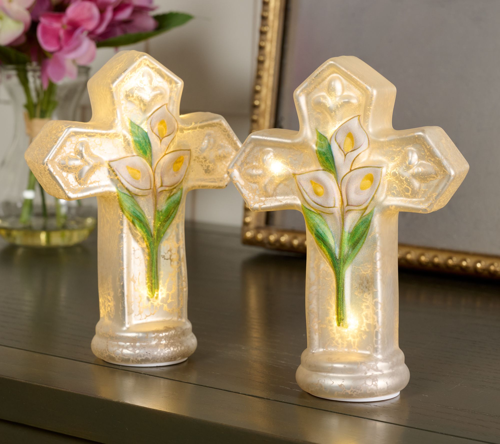 Set of (2) 6" Illuminated Mercury Glass Crosses by Valerie