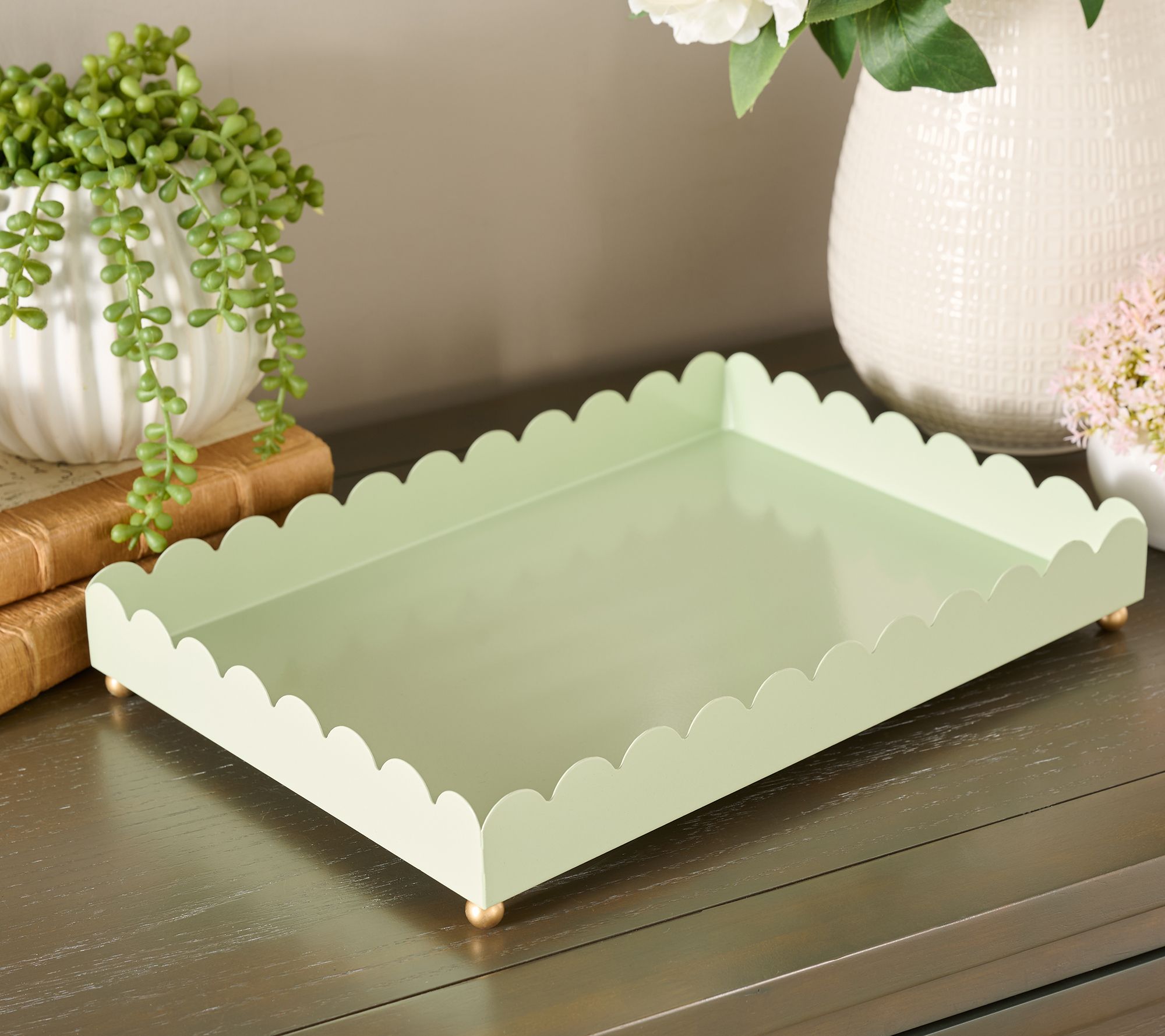 Home Reflections 13" Scalloped Metal Rectangular Tray with Feet