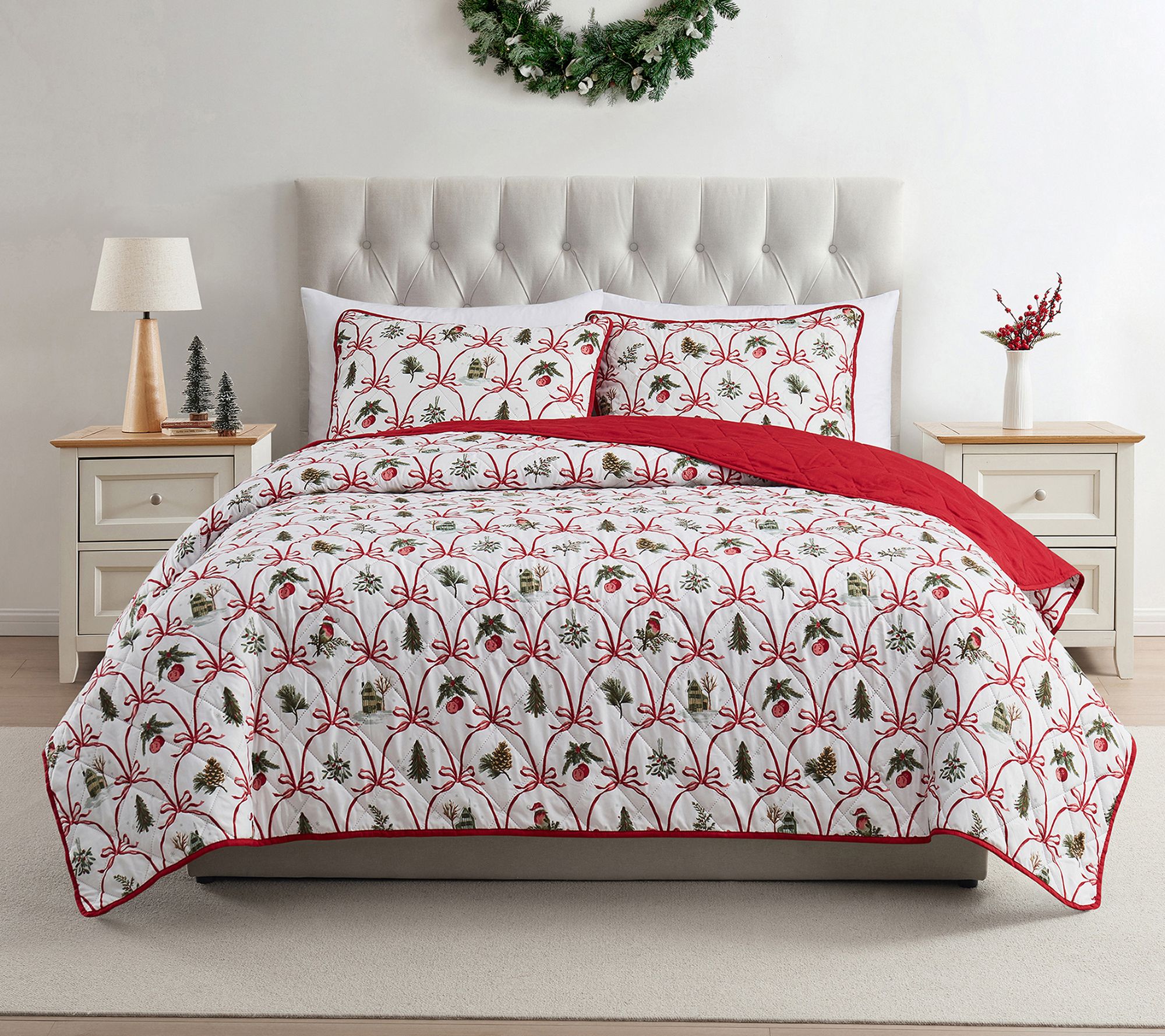 VCNY Home Multi Christmas Bow Microfiber QuiltSet, Full/Queen