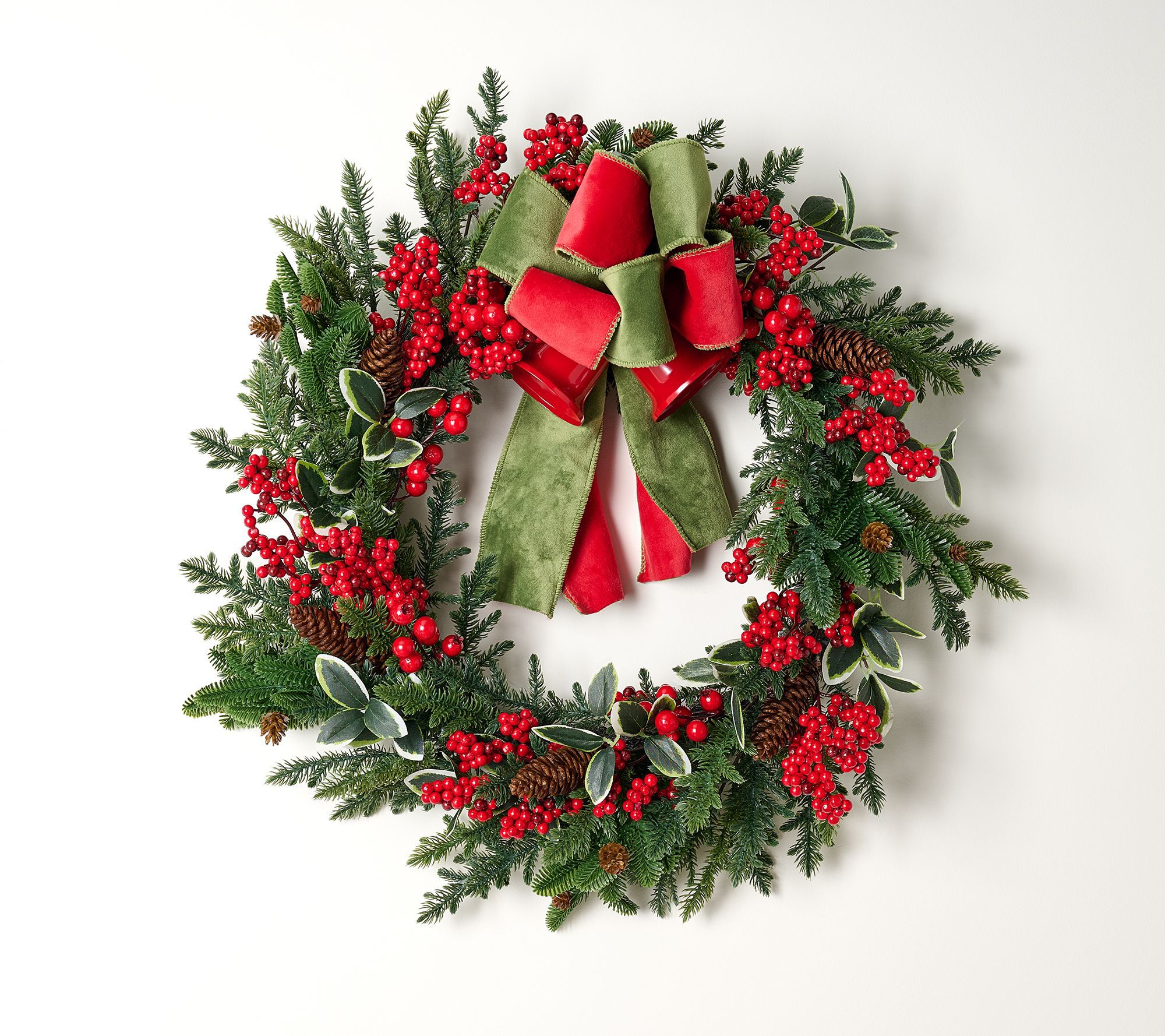 24" Velvet Bow & Bells Wreath with Greenery and Berries by Valerie