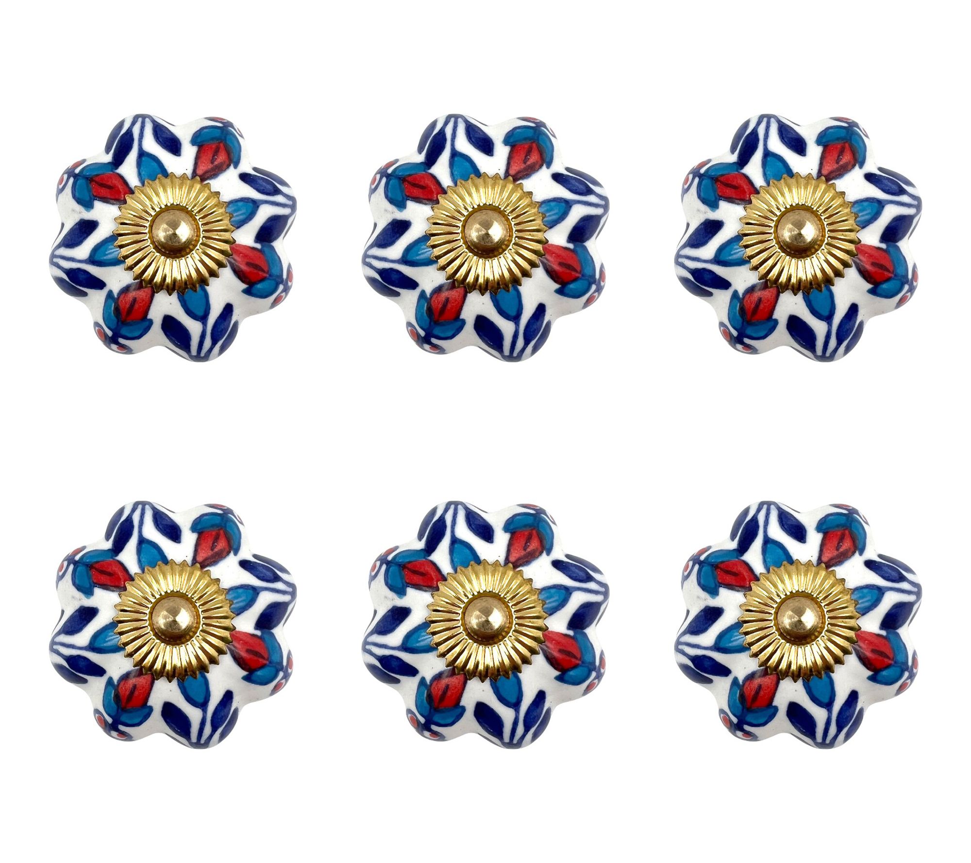 HomeRoots Set of 6 Blue Red White Floral Ceramic Knobs