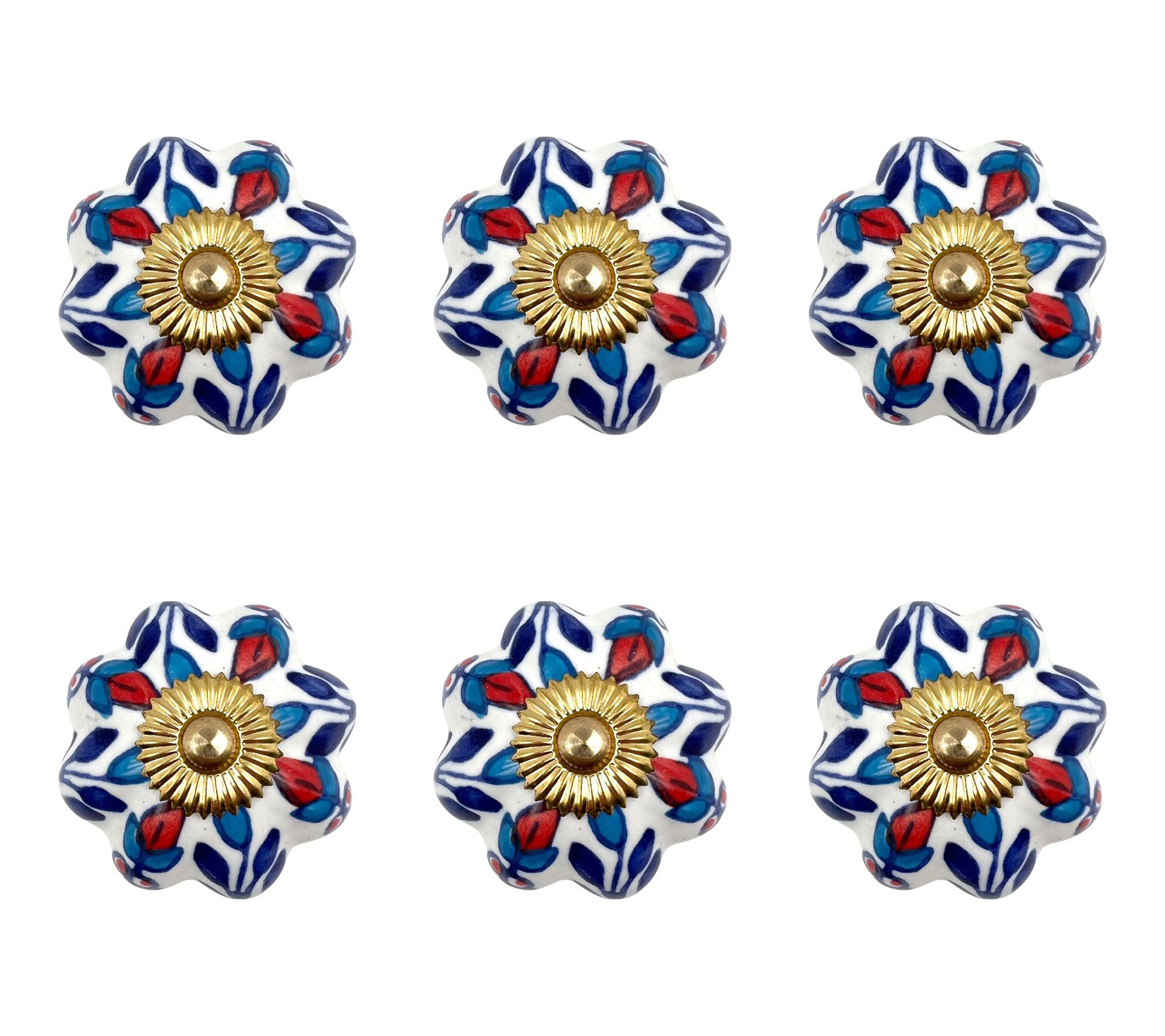 HomeRoots Set of 6 Blue Red White Floral Ceramic Knobs
