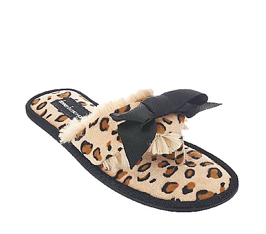 Dennis Basso Faux Fur Animal Print Slipper Sandals with Bow
