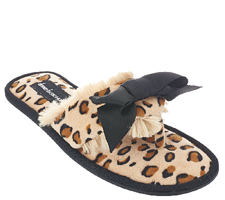 Dennis Basso Faux Fur Animal Print Slipper Sandals with Bow - Page 1 ...