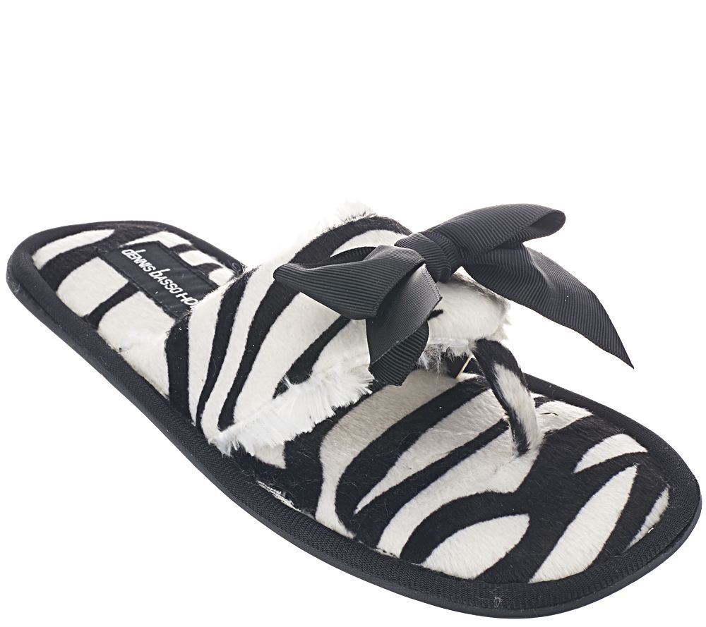 Dennis Basso Faux Fur Animal Print Slipper Sandals with Bow