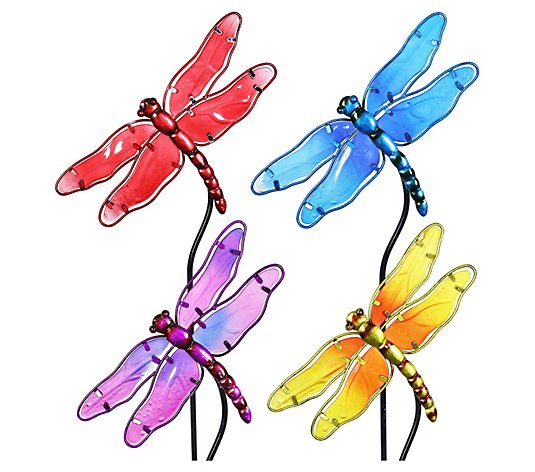 Exhart Glass Dragonfly Garden Stake Set of 4