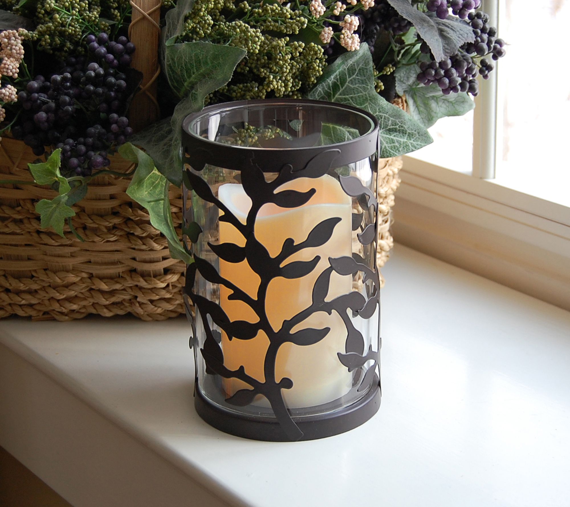 LumaBase 2 Round Vine Metal Lanterns with Flameless Candles