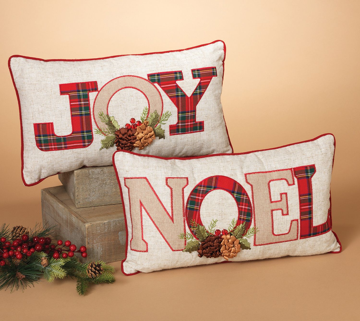 Set of 2 Red Beaded Joy and Noel Christmas Throw Pillows 19