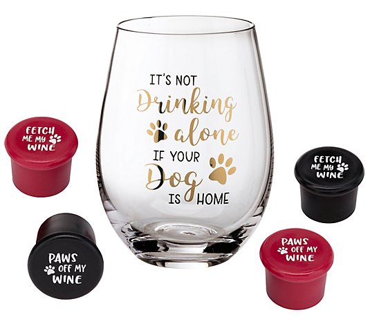 Lillian Rose Dog Wine Glass with 4 Stoppers