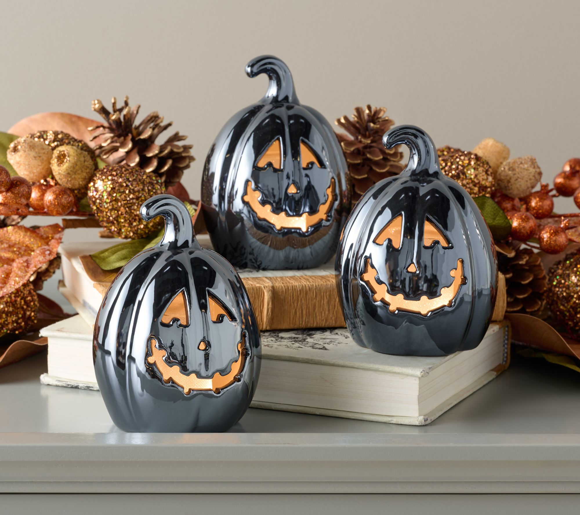 Set of 3 Illuminated Ceramic Jack-O-Lanterns by Valerie