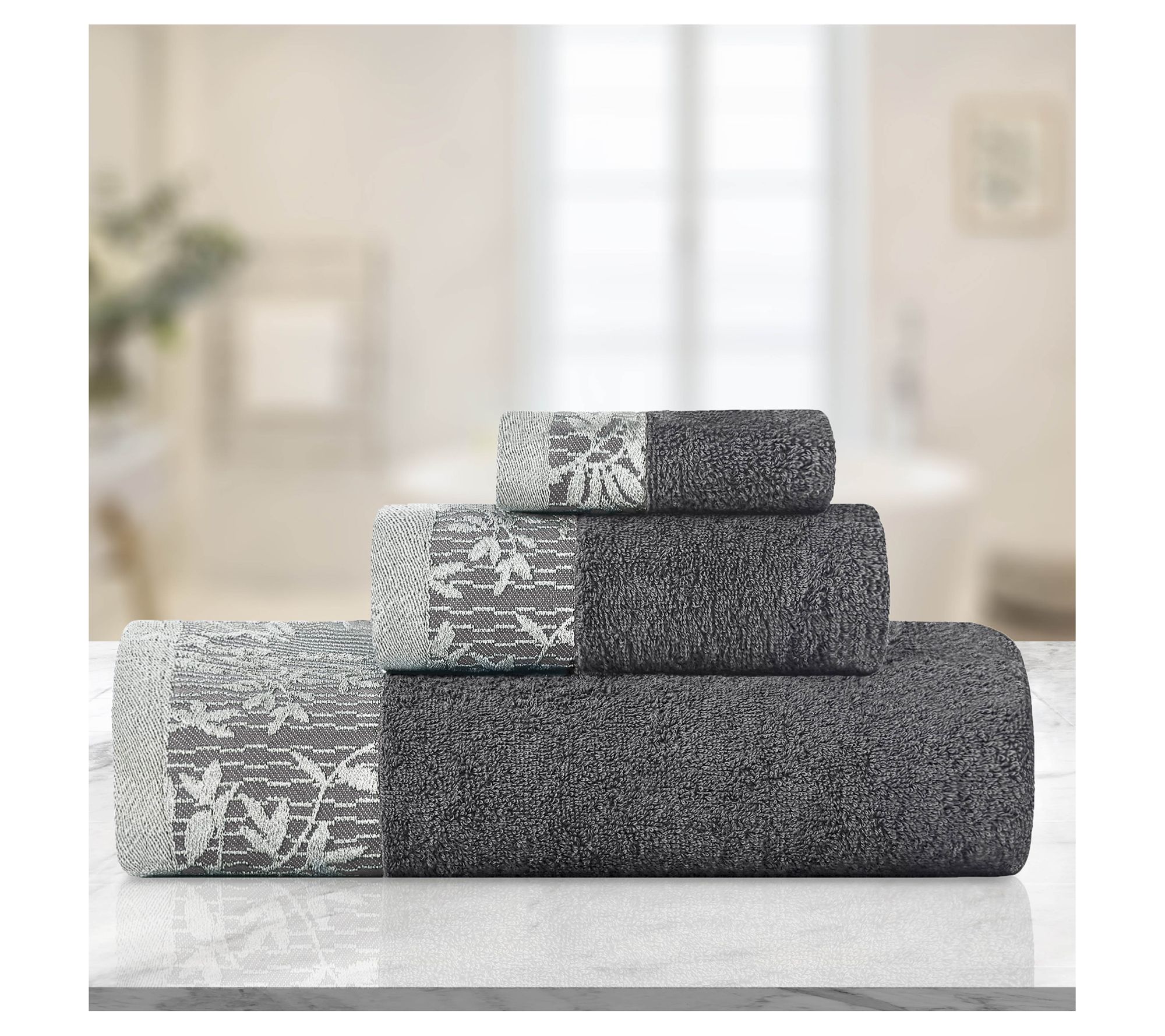 Superior Cotton Embroidered Jacquard Border 3-P iece Towel Set