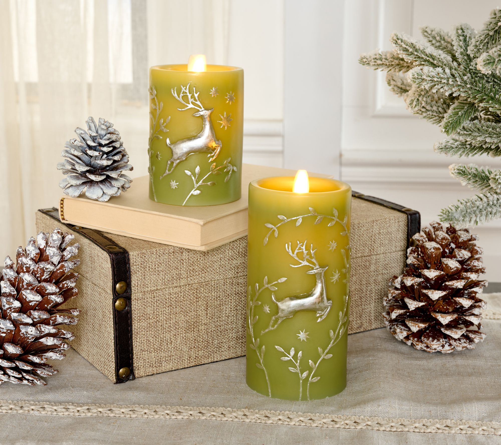 "As Is" Martha Stewart Set of 2 Metallic Deer Flameless Pillar Candles