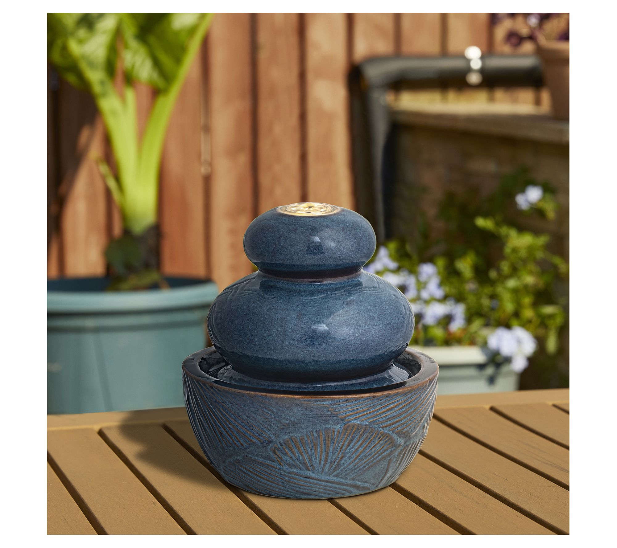 Glitzhome 9'' LED Lit Leaf Textured Ceramic Tabletop Fountain