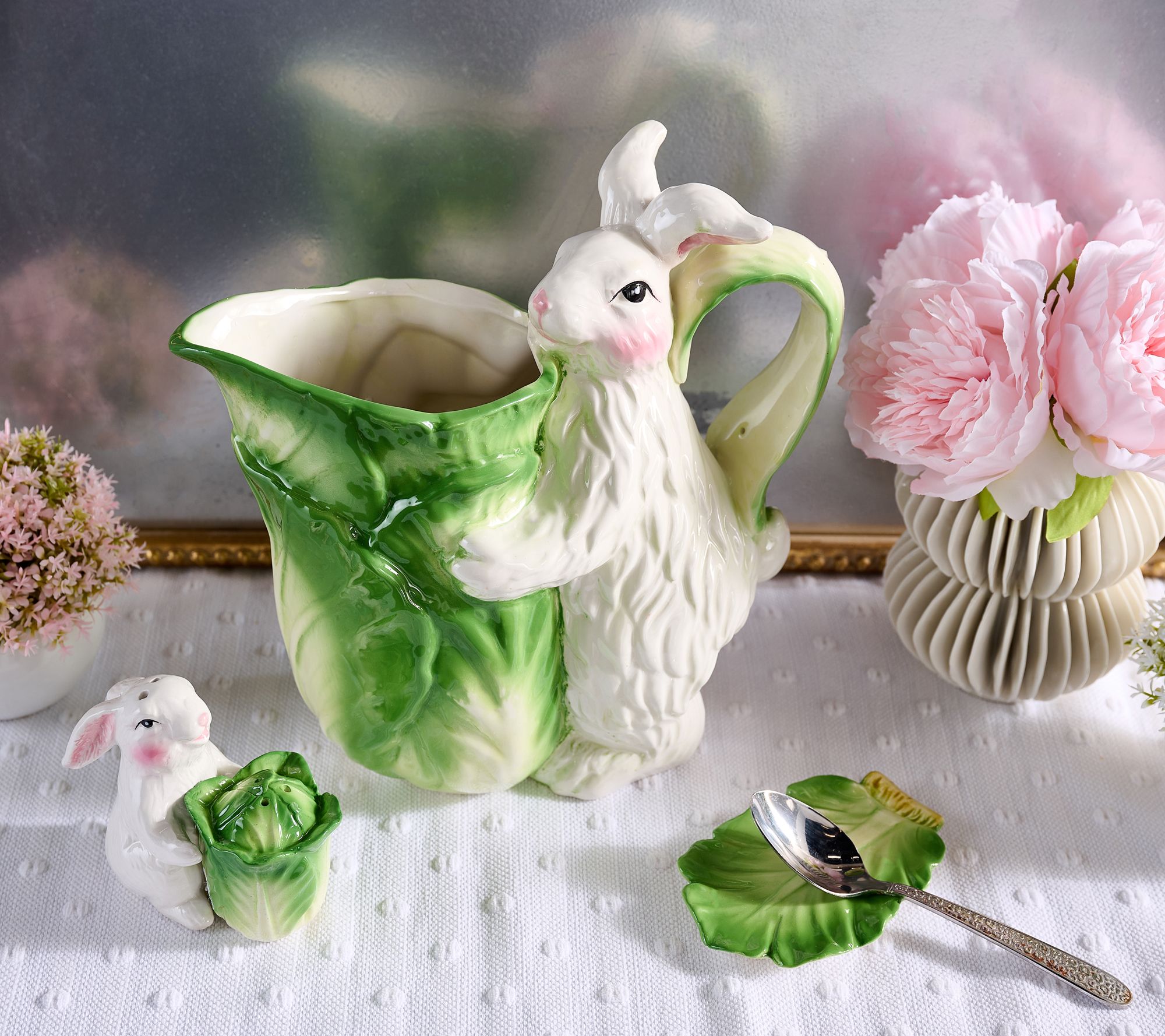 "As Is" Ceramic Bunny & Lettuce Pitcher w/ Salt & Pepper Shaker by Valerie