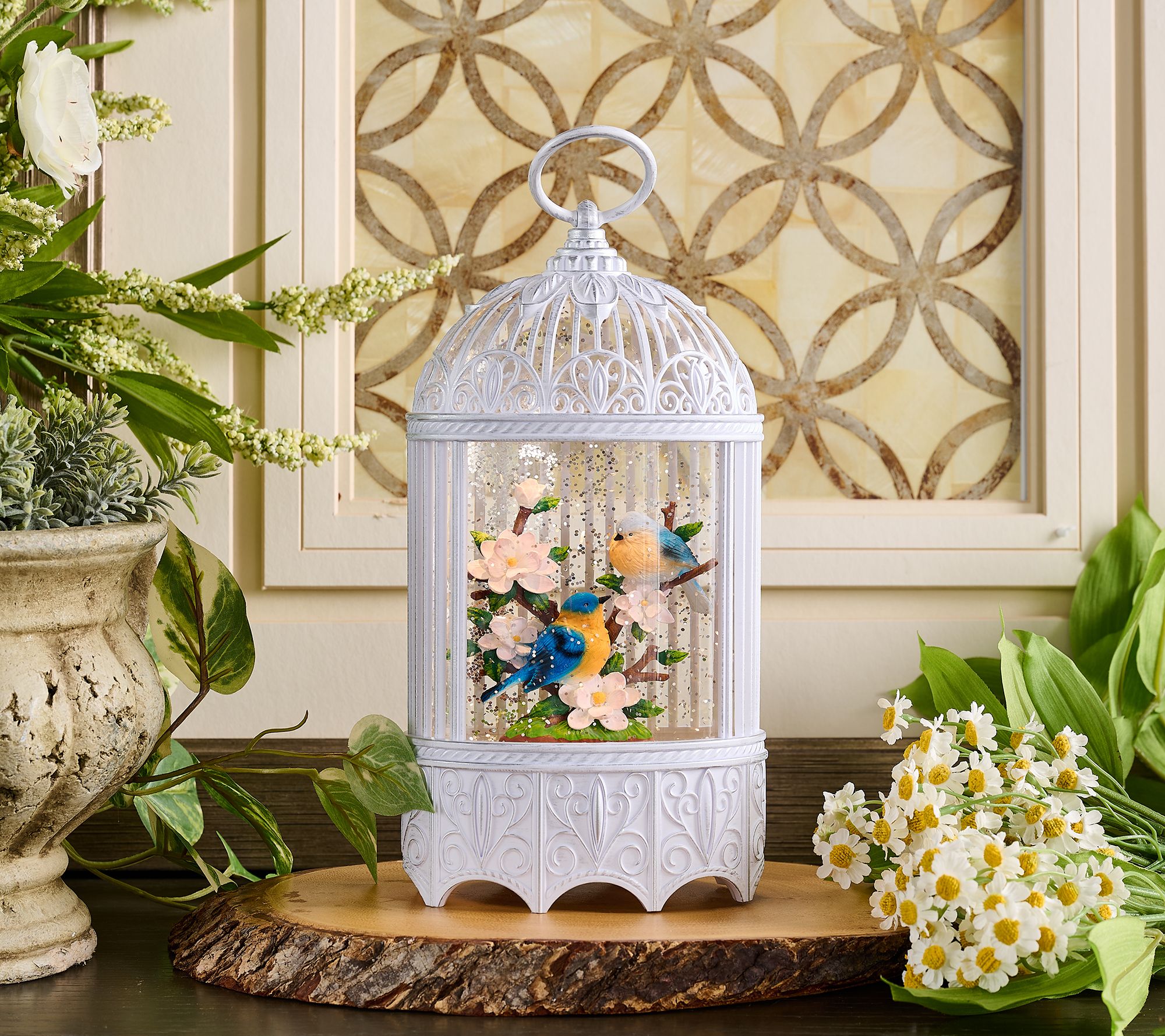 Illuminated Glitter Birdcage with Bird & Flowers by Valerie