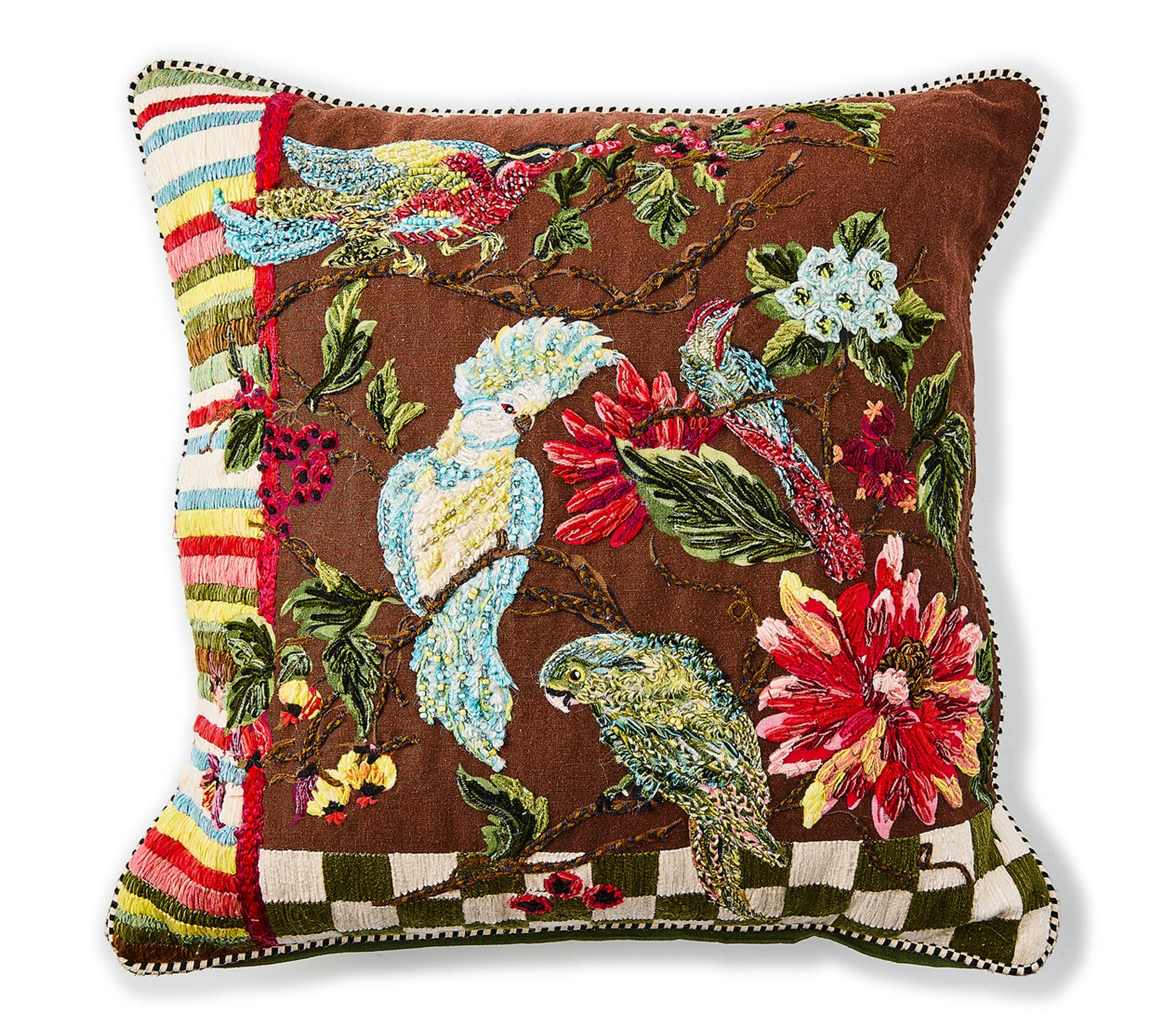 MacKenzie-Childs Green Check Birdsong Throw Pillow