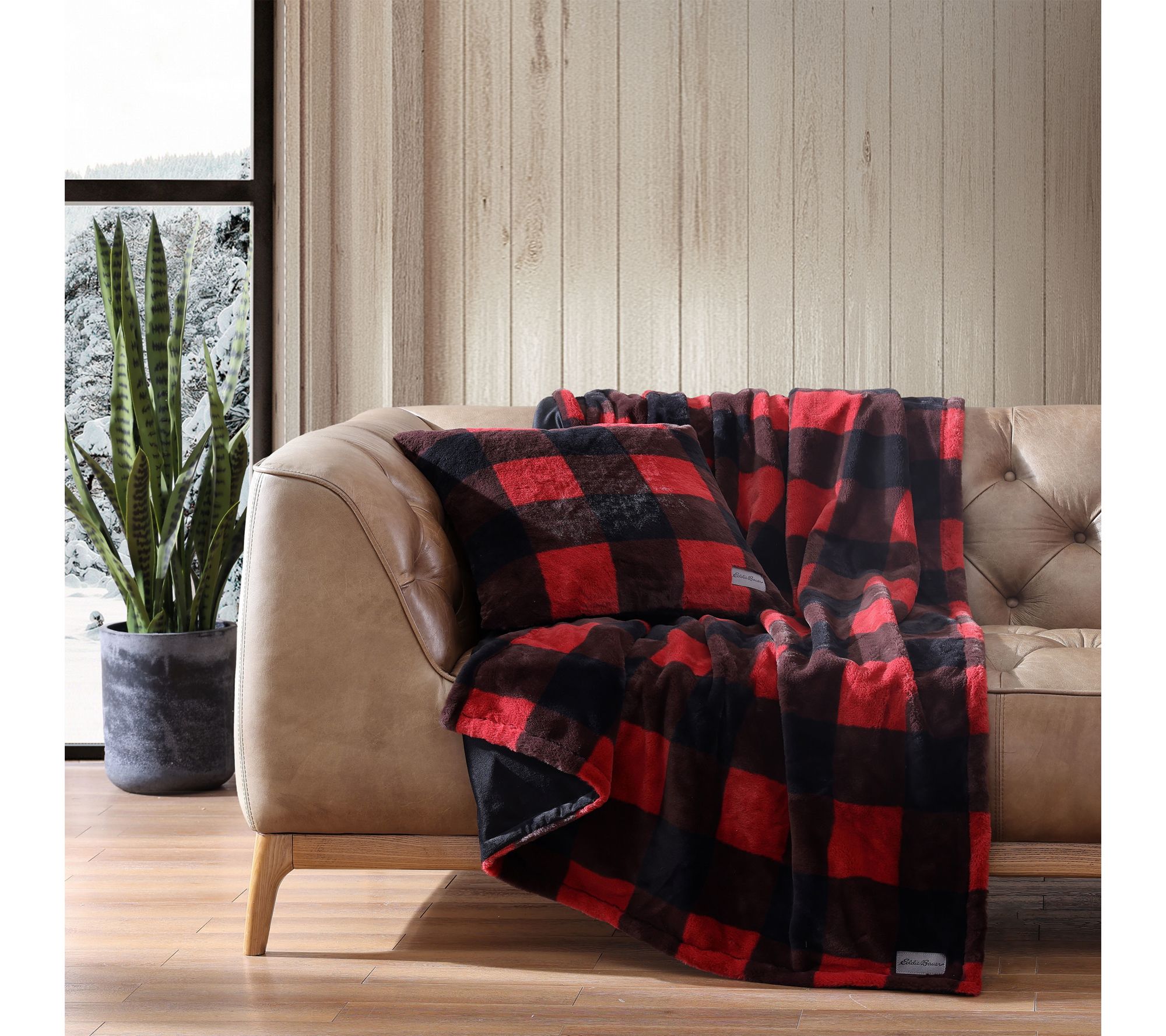 Eddie Bauer Cabin Plaid Red Faux Fur Throw & Pillow Set