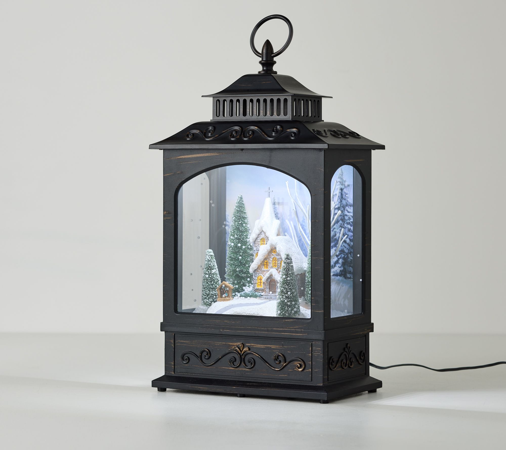 Christmas Time Reflections Lit Snowing Lantern by Valerie
