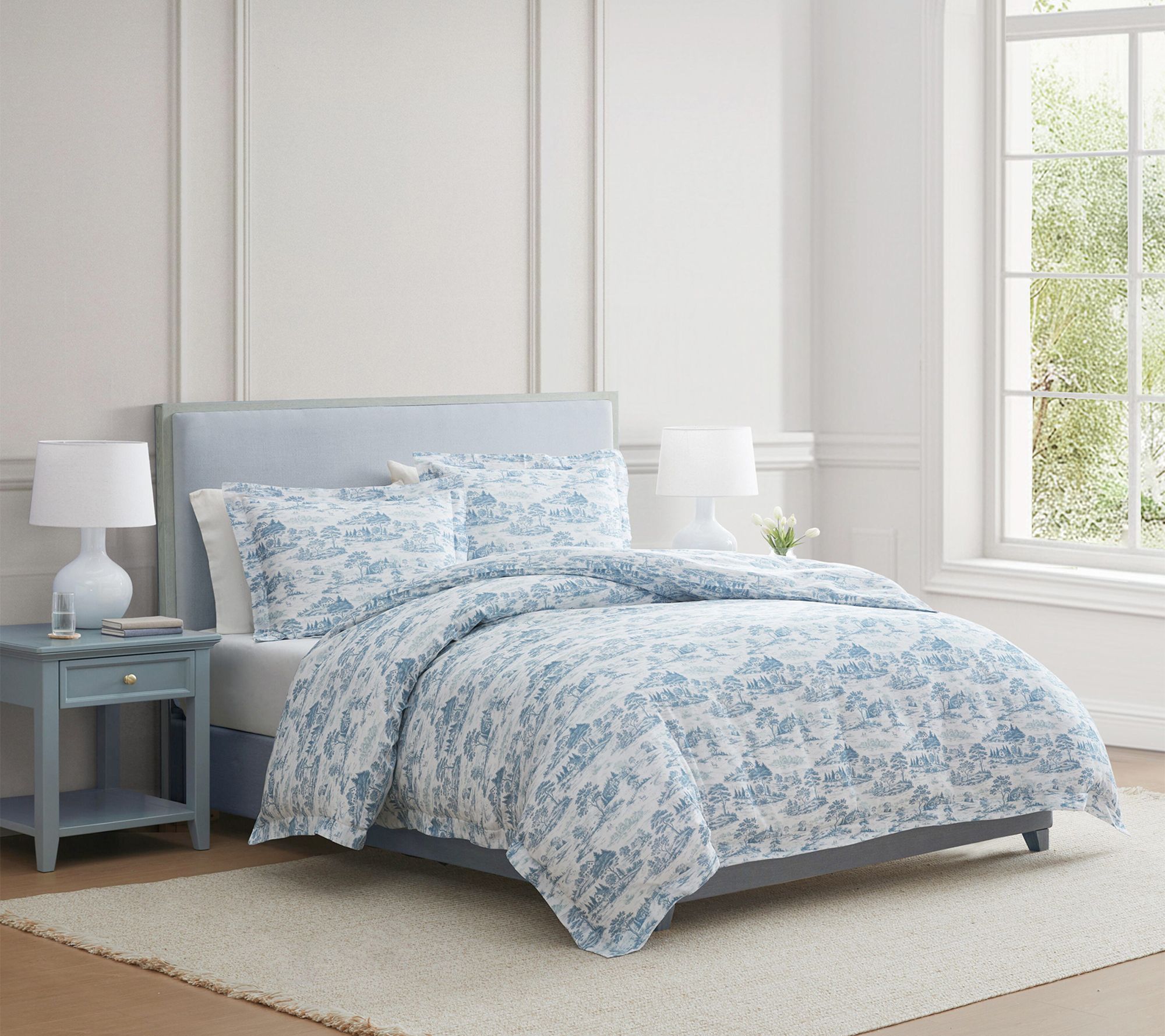 Martha Stewart Farmhouse Toile White/Blue Cotton Sateen Queen