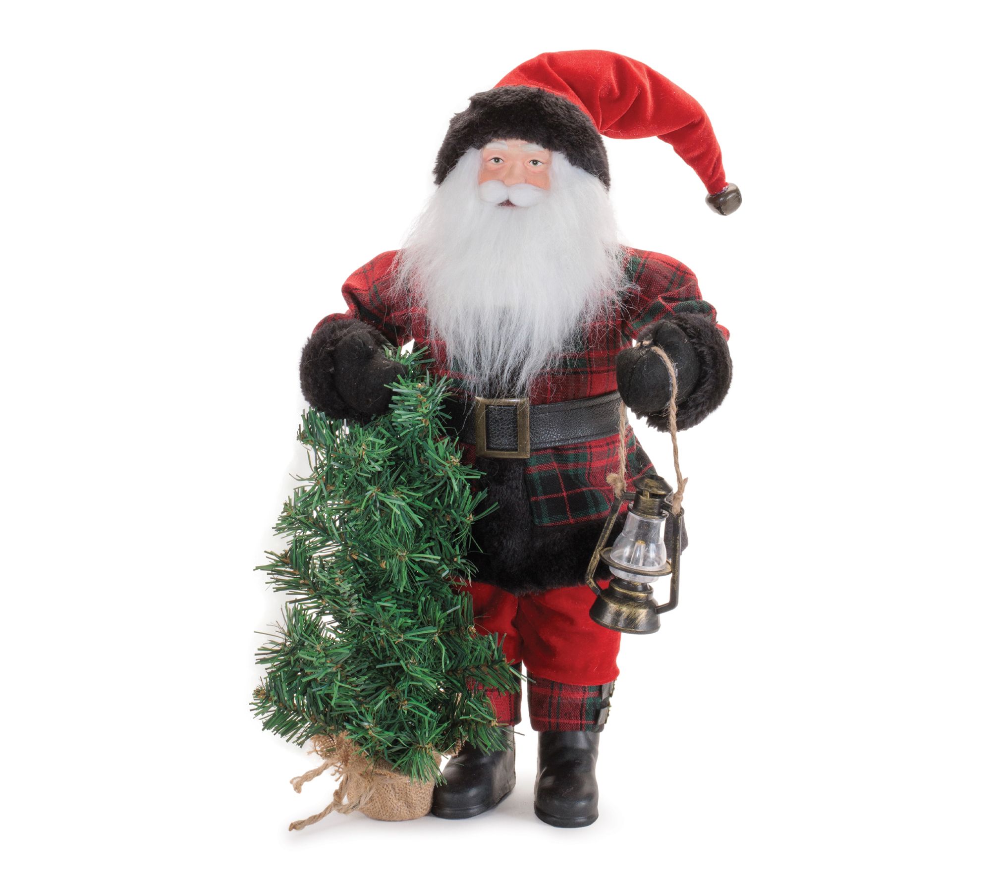 Melrose Plaid Santa Figurine with Tree and Lantern