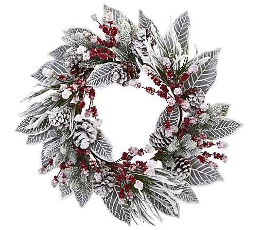 24" Snowy Magnolia Berry Wreath by Nearly Natural