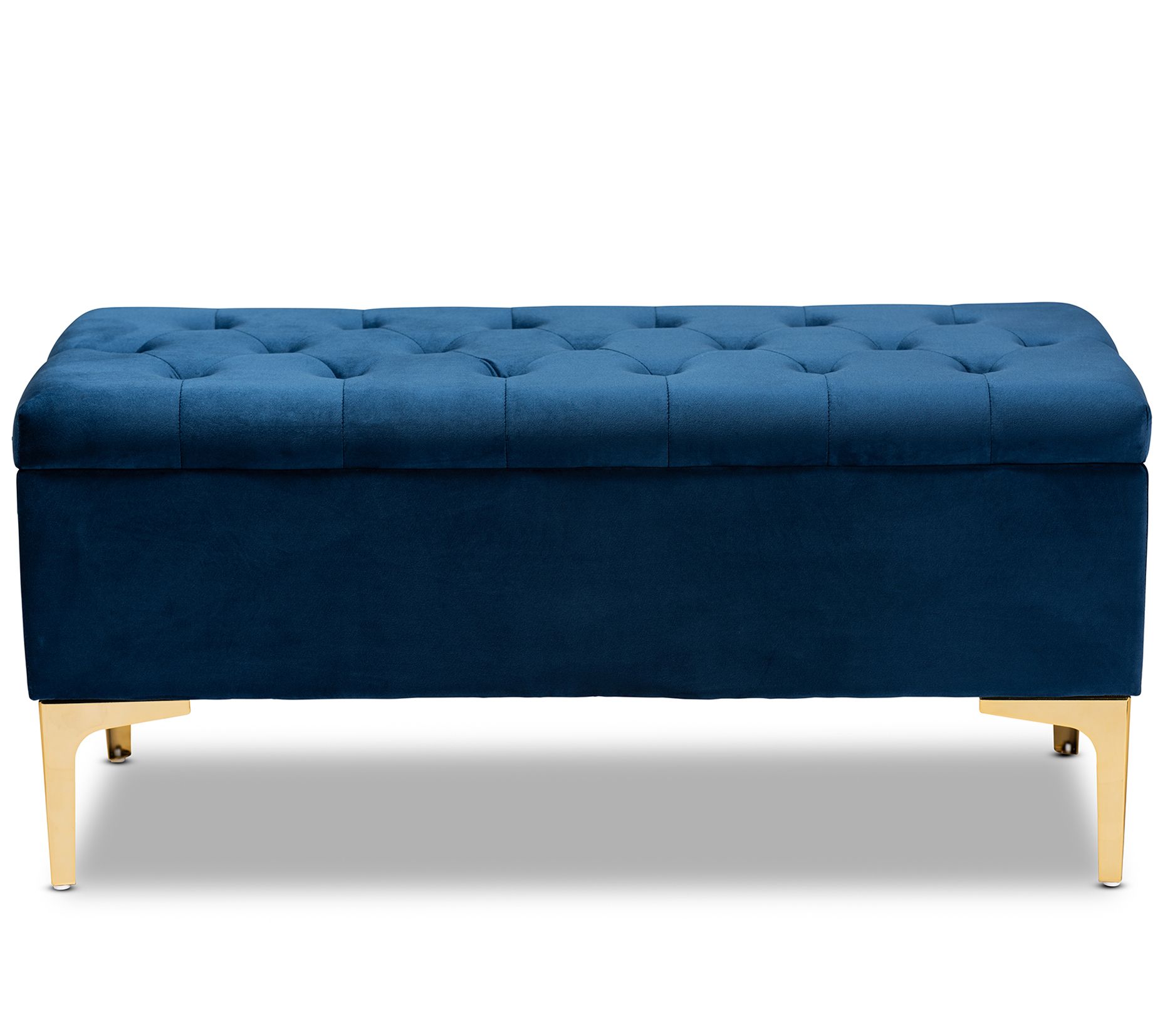 Valere Navy Blue Fabric Gold Finished Storage O ttoman