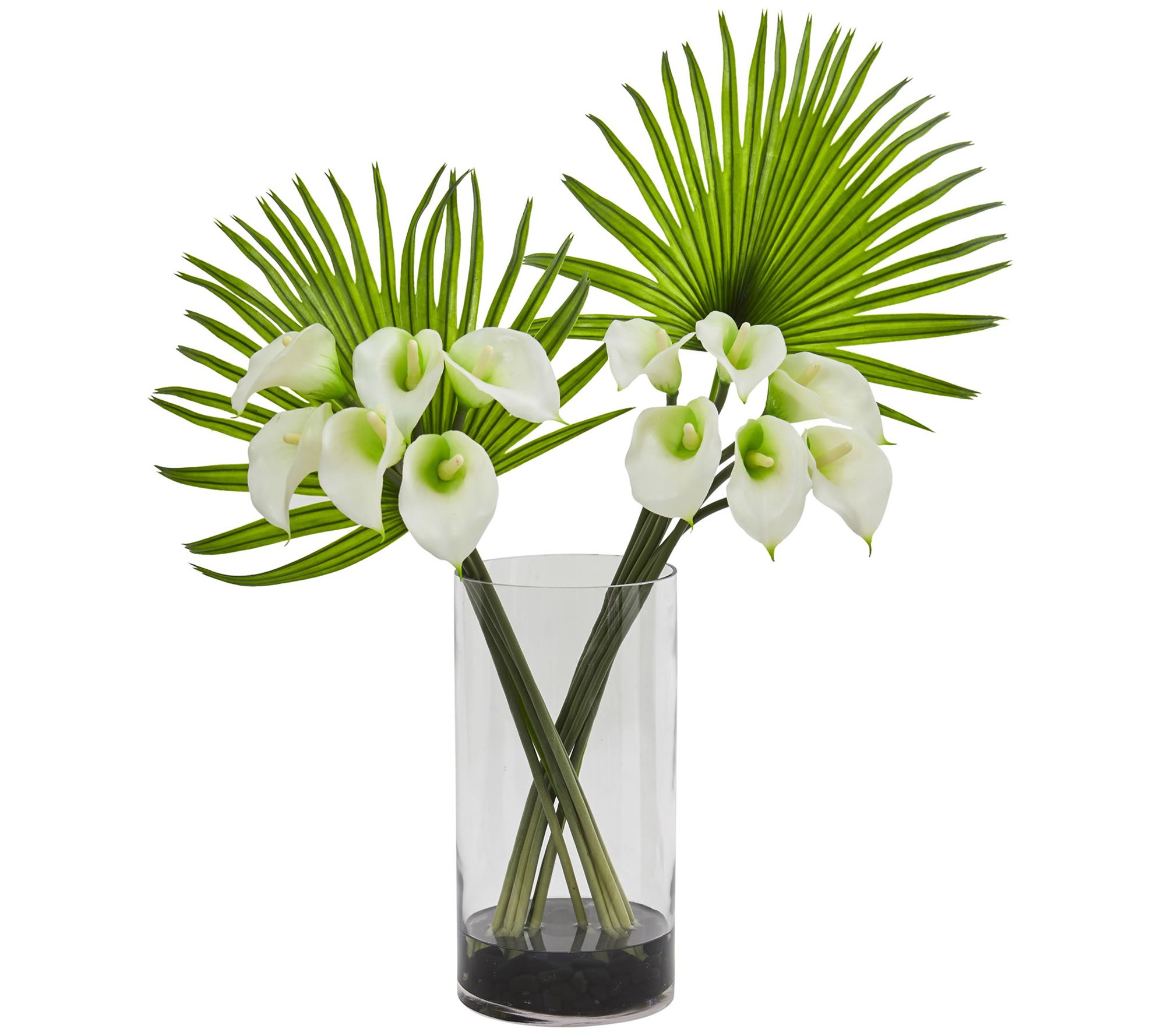 27" Calla Lily & Fan Palm in Cylinder Glass byNearly Natural