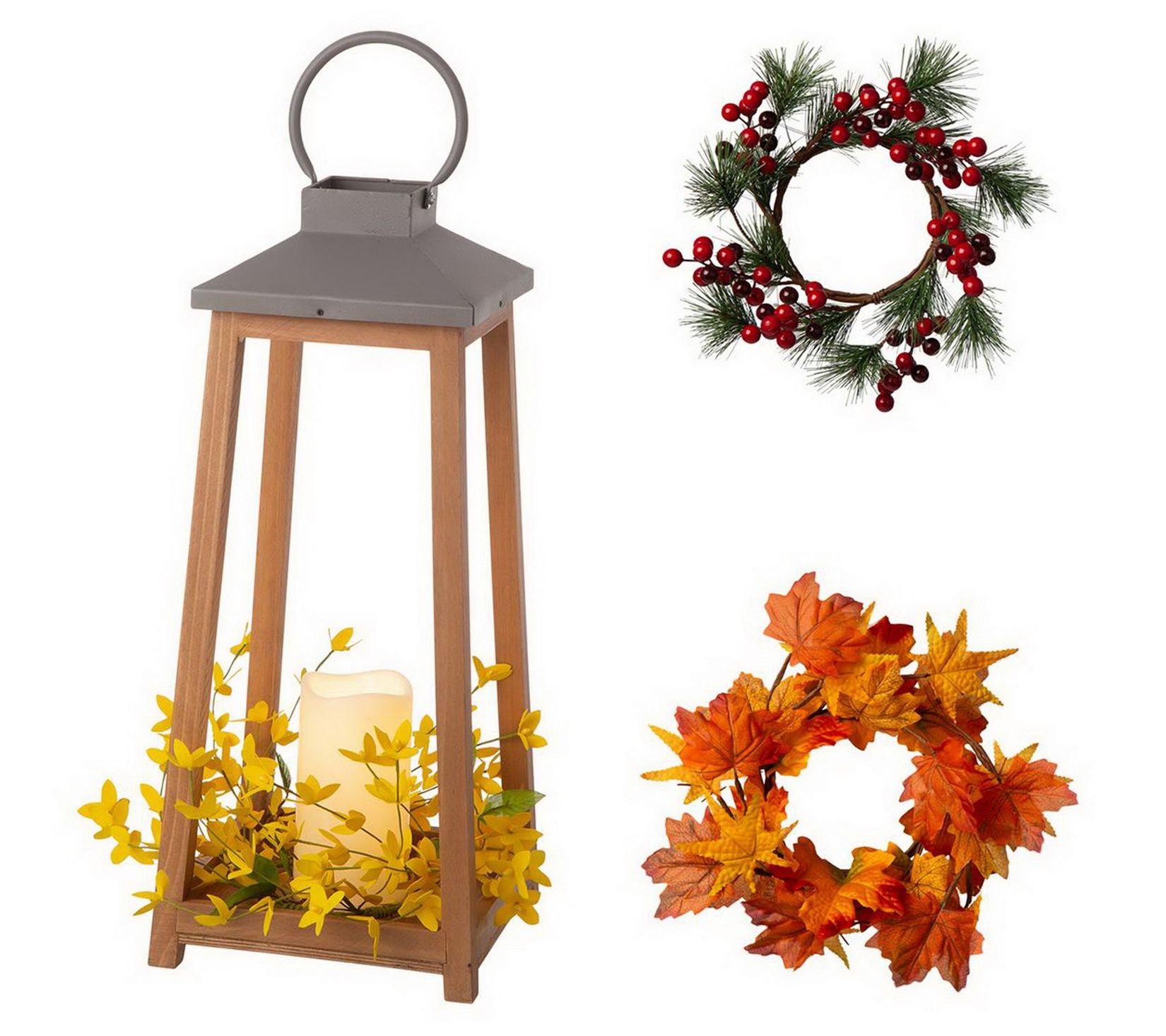 Glitzhome Seasonal Lantern with 3 Wreaths & Flameless Candle