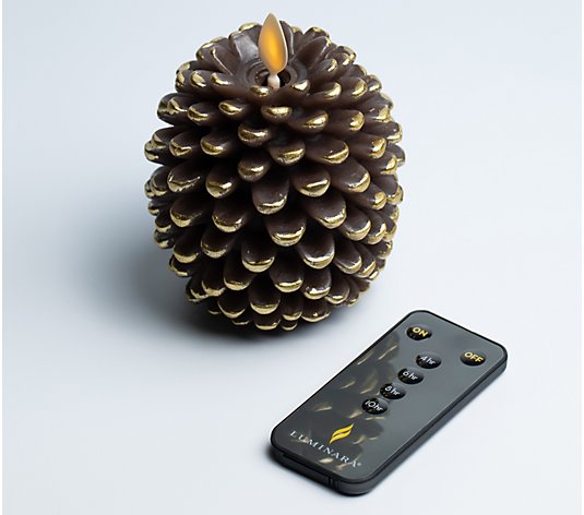 Brown & Gold REMOTE Luminara Pine Cone Figural Wax Flameless Candle NEW 