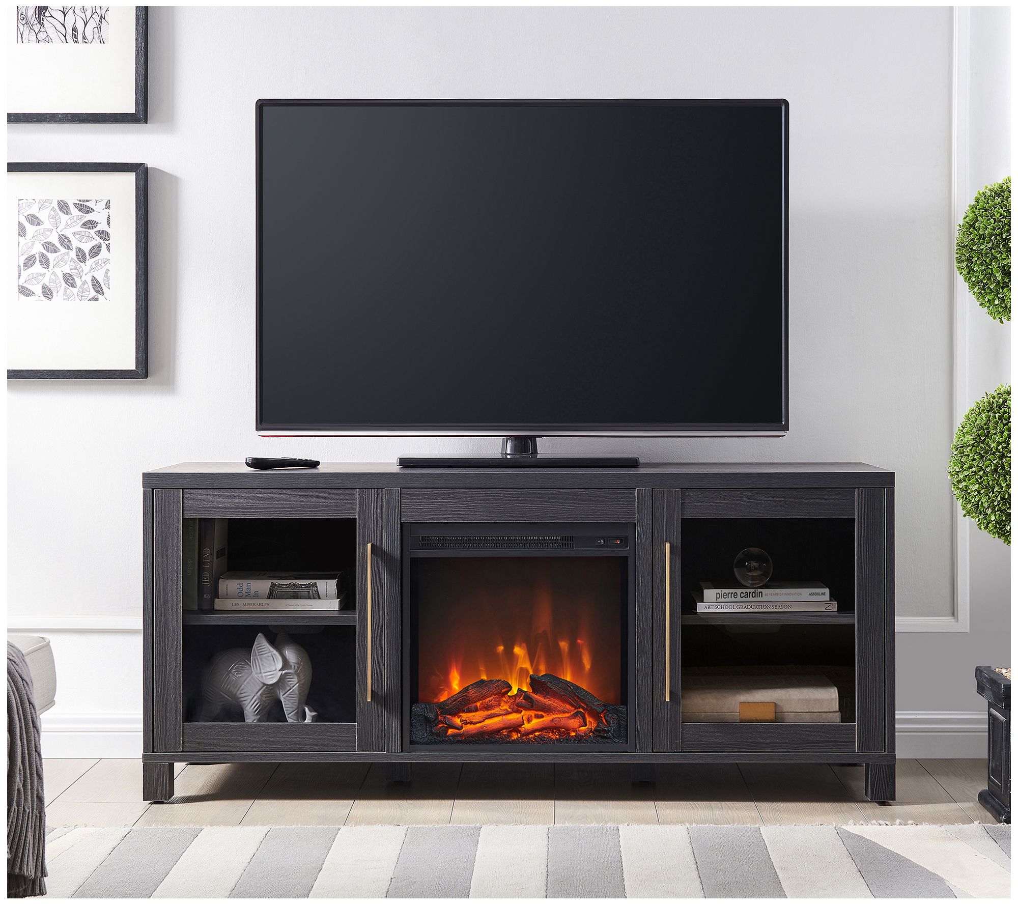 Hudson & Canal Quincy 65" TV Stand with Log Fireplace
