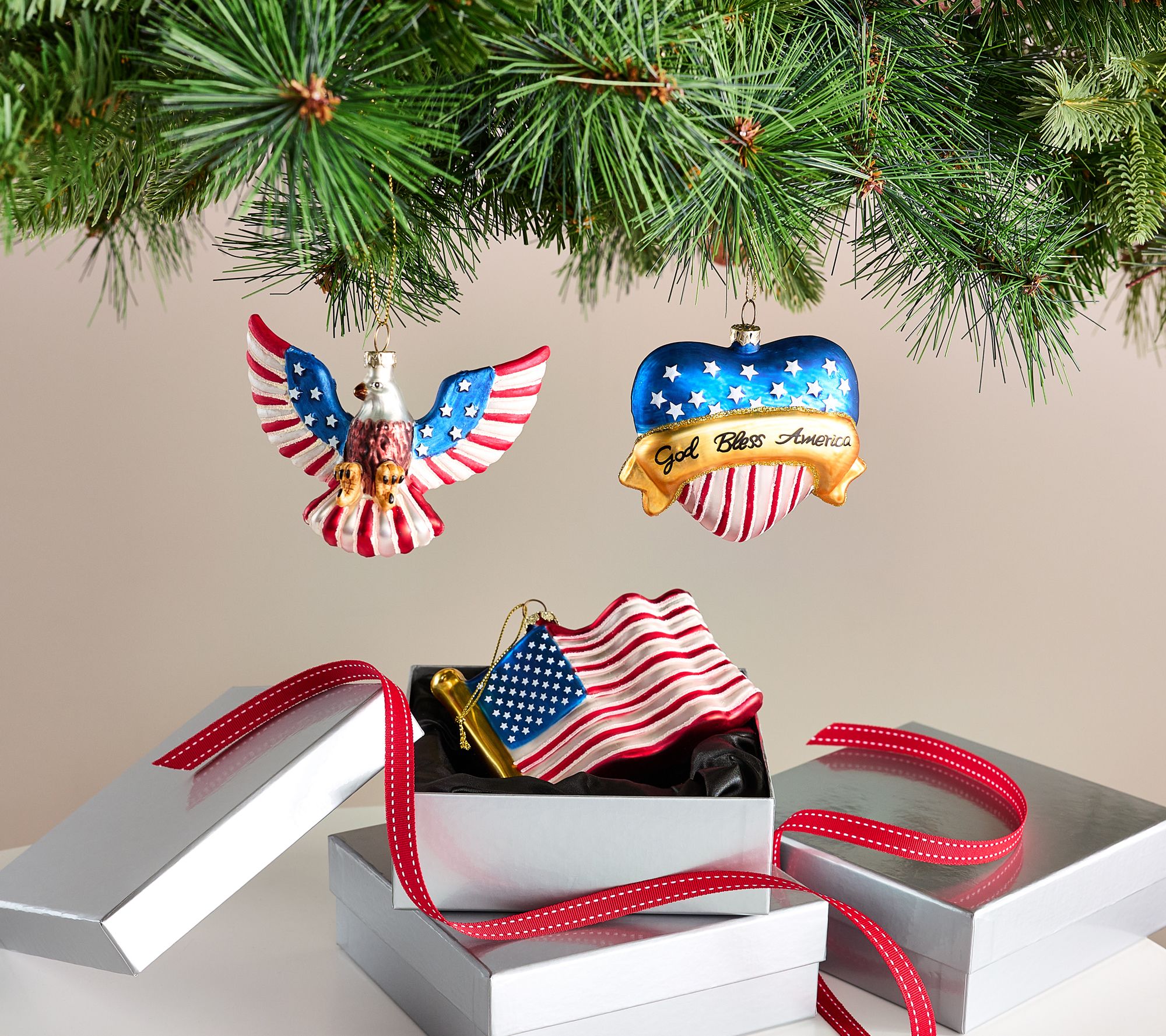 "As Is" Set of 3 Patriotic Ornaments with Gift Boxes by Valerie