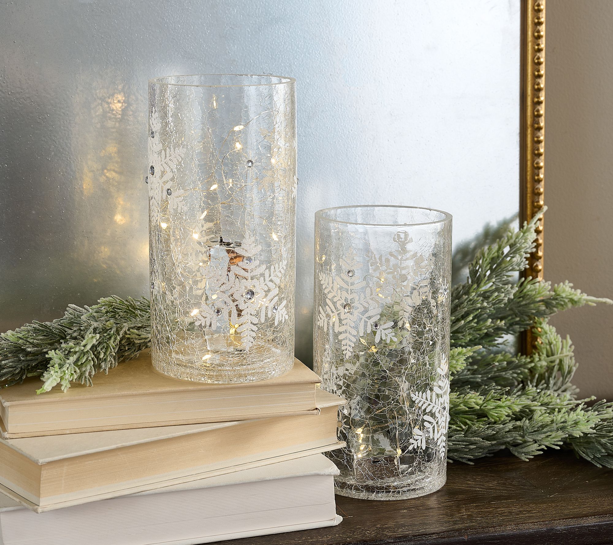 Set of 2 8" Lit Crackle Glass Hurricanes with Snowflake by Valerie