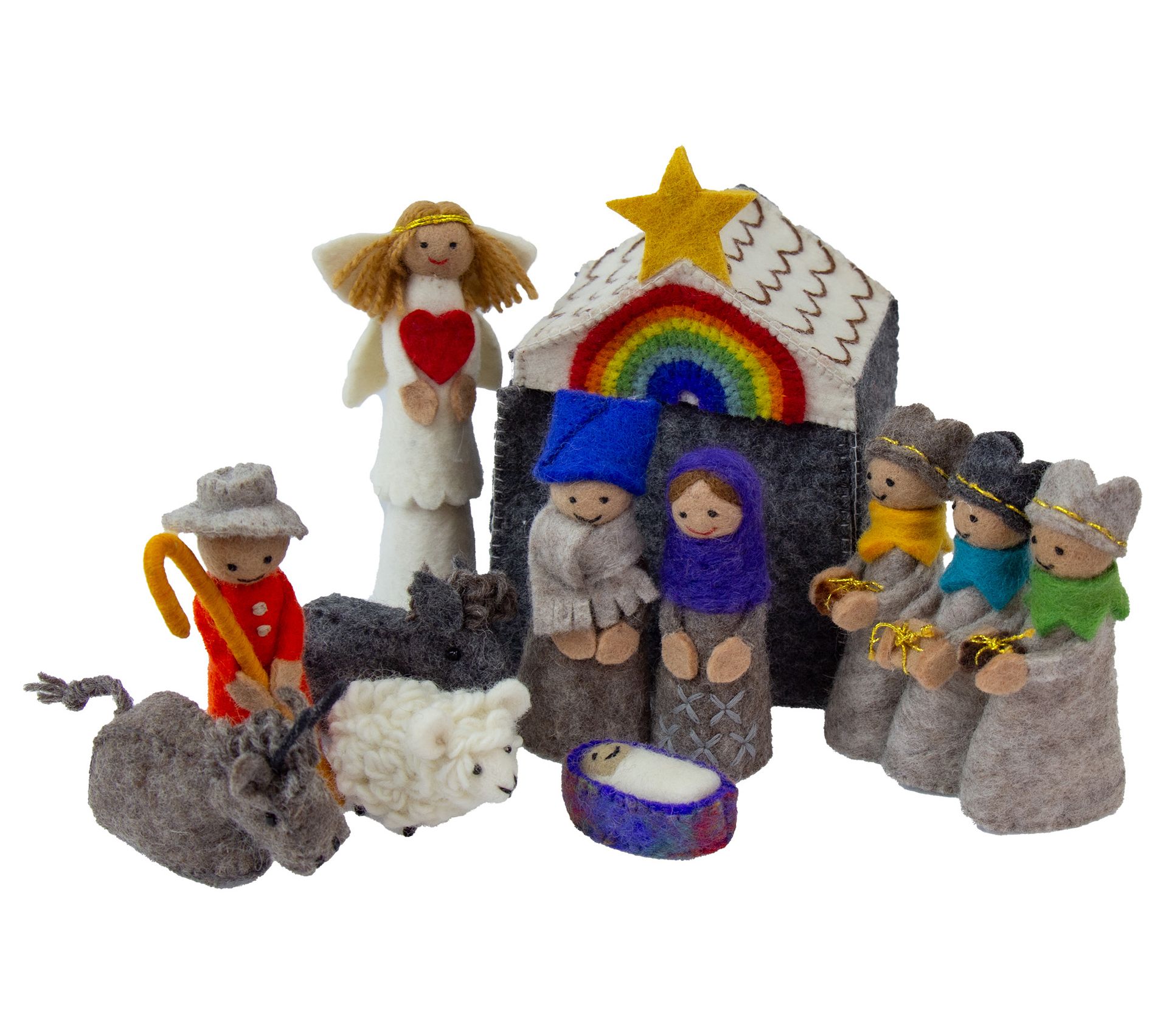 Global Crafts 12pc Rainbow Felt Nativity Set with Storage Barn