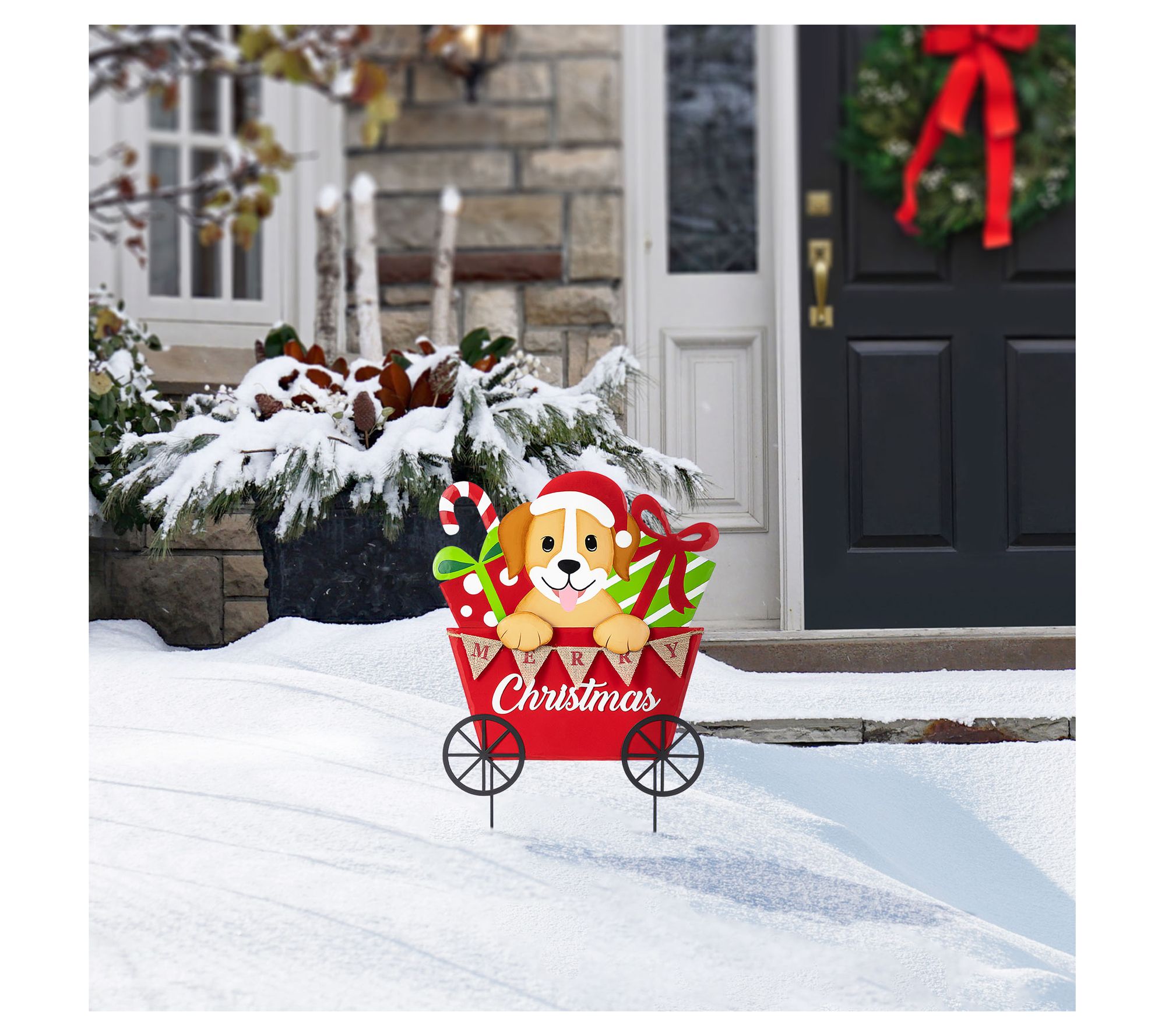 Glitzhome 24"H Metal Christmas Dog and Gift Cart Garden Stake