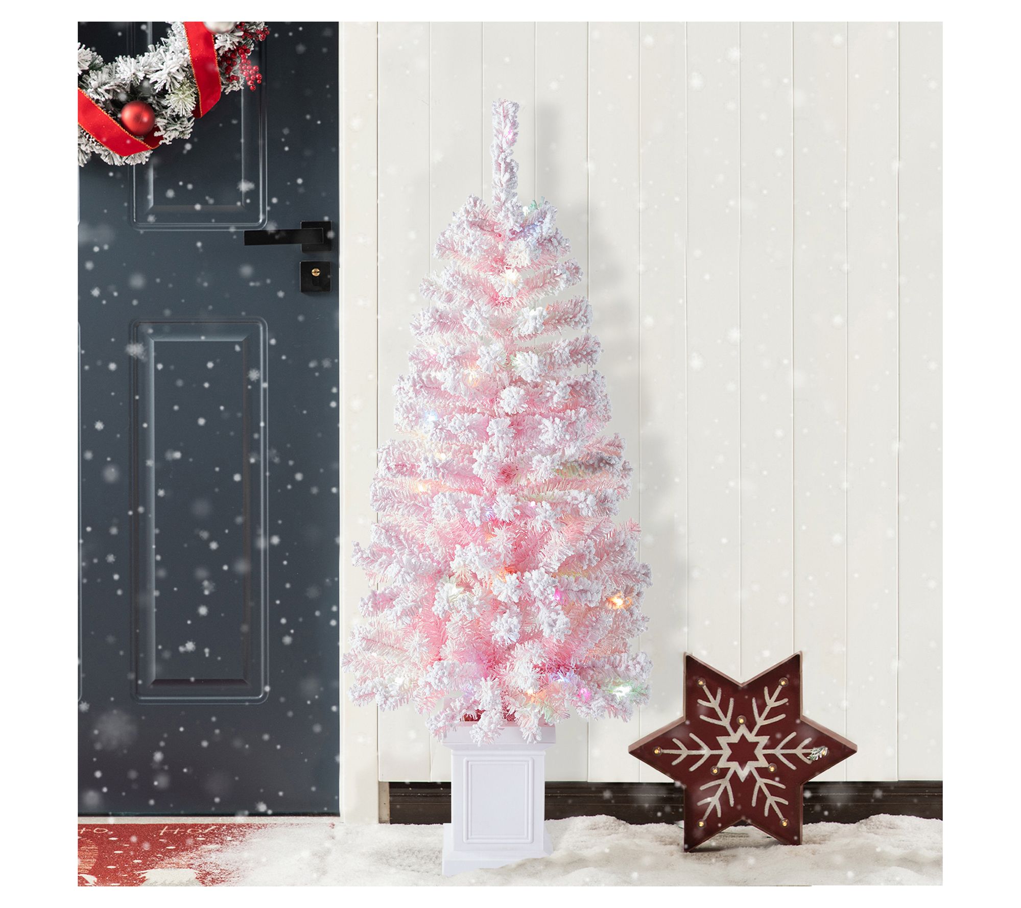 Glitzhome 4' Pre-Lit Flocked Pink Faux Christma s Porch Tree