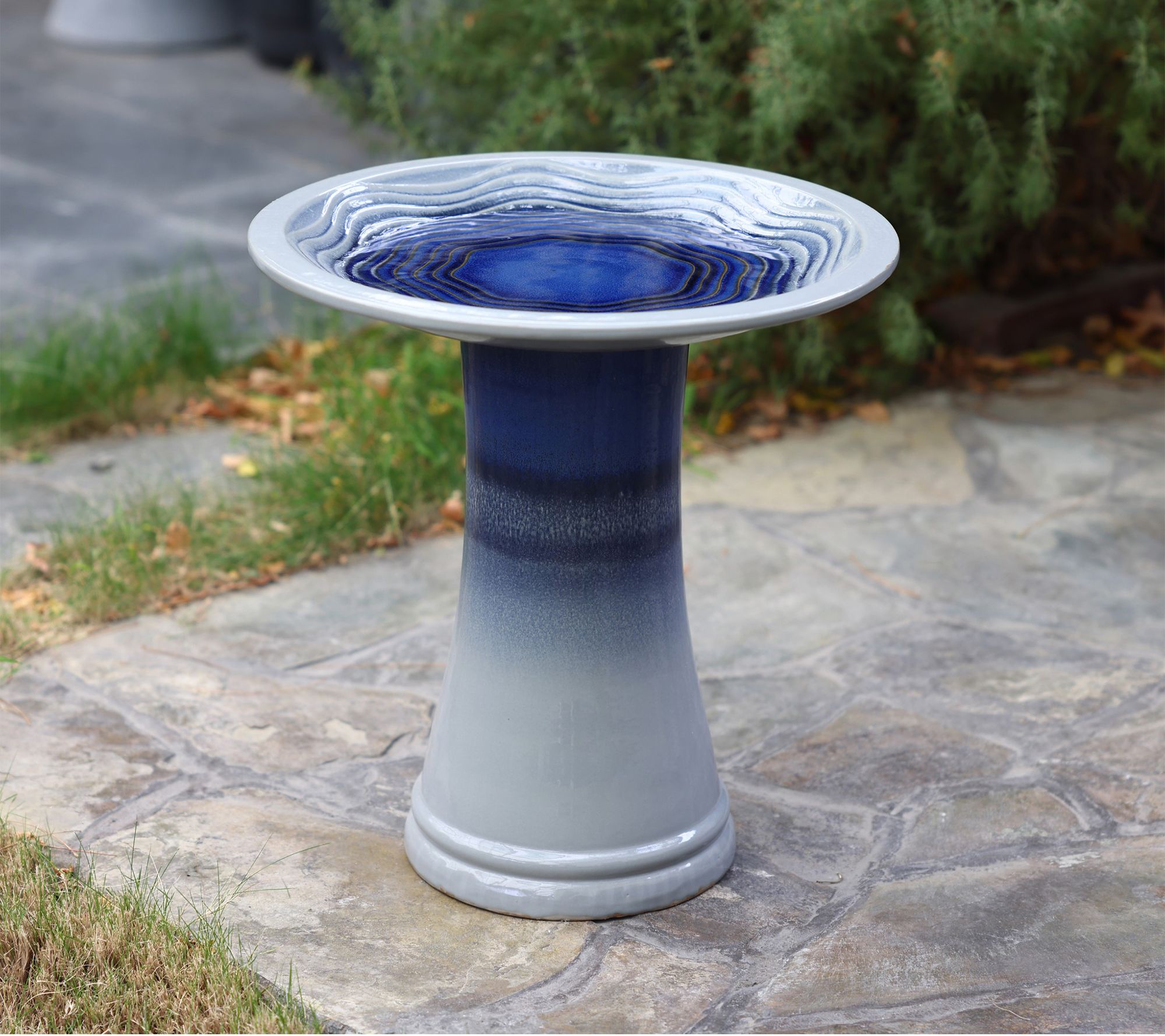 LuxenHome Blue Waves 18"H Ceramic Birdbath
