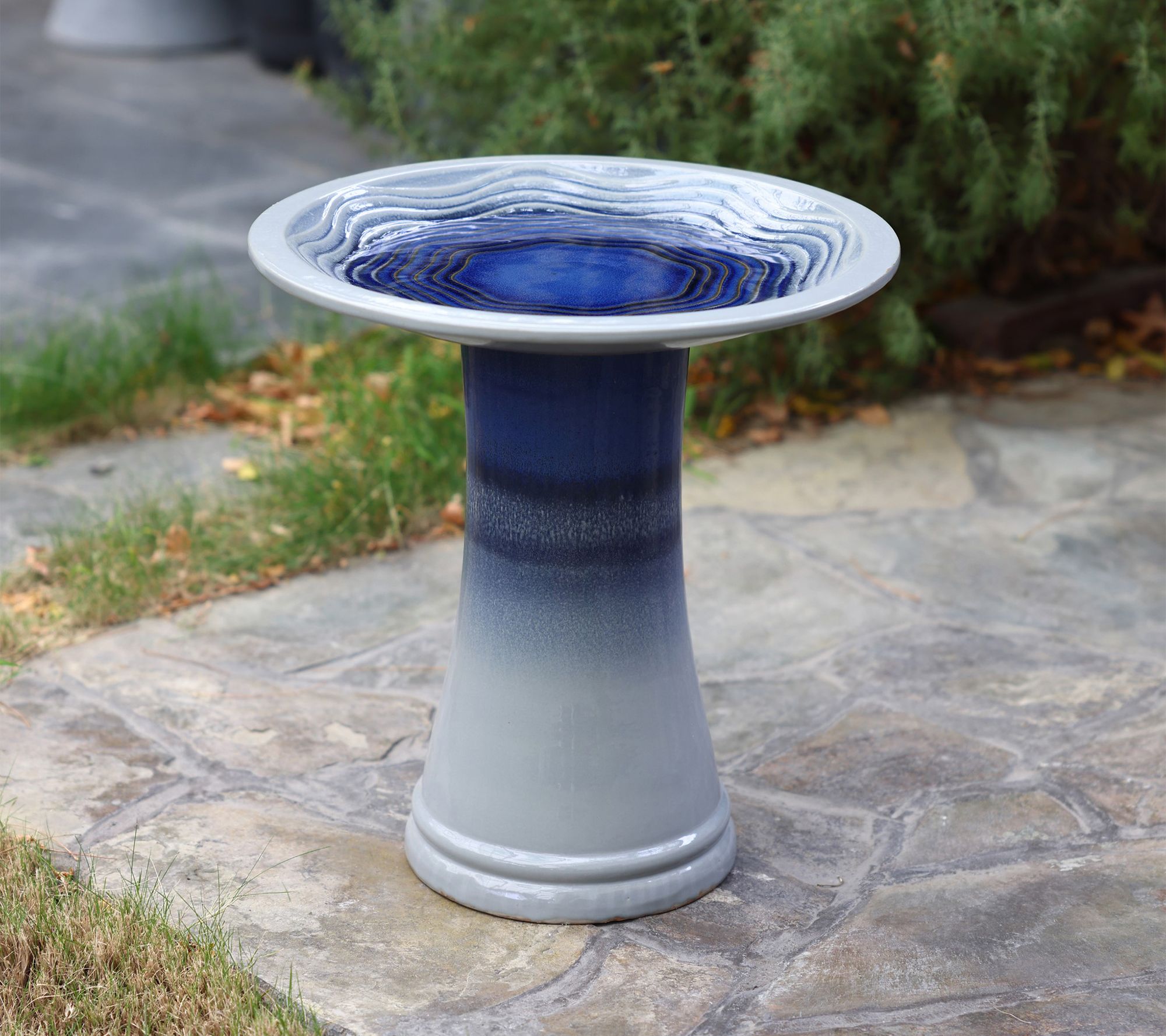 LuxenHome Blue Waves 18"H Ceramic Birdbath