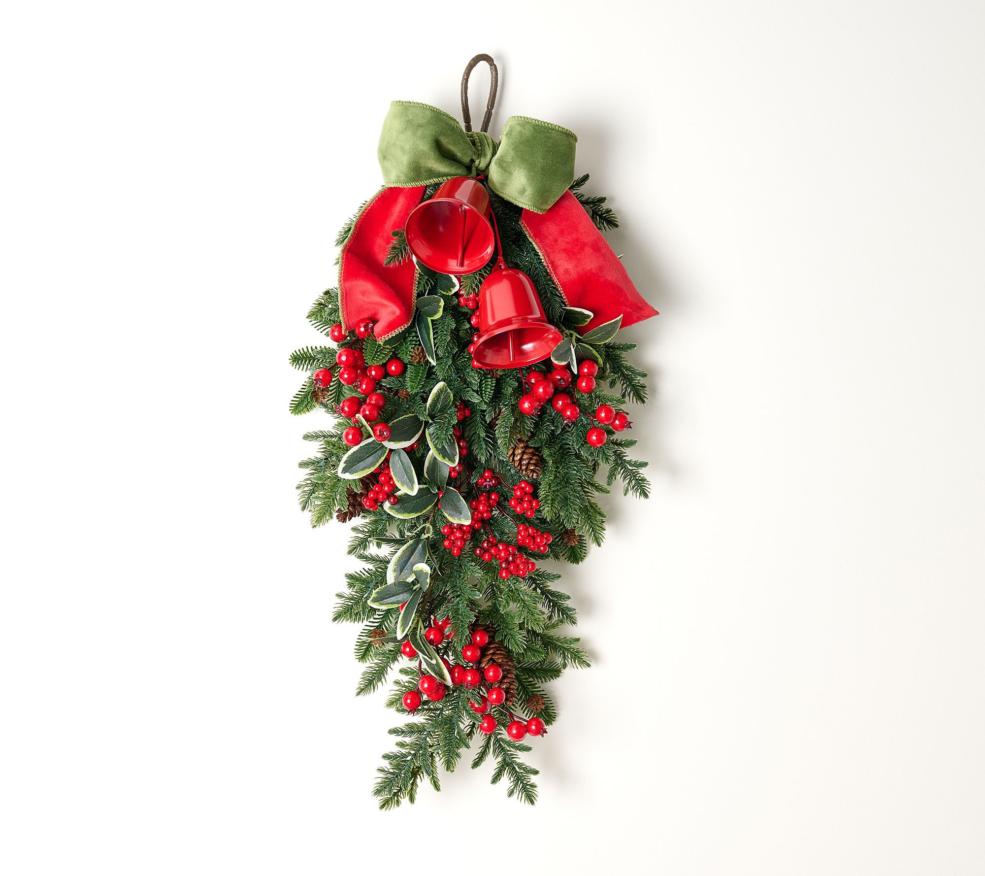 28" Velvet Bow and Bells Teardrop with Greenery by Valerie