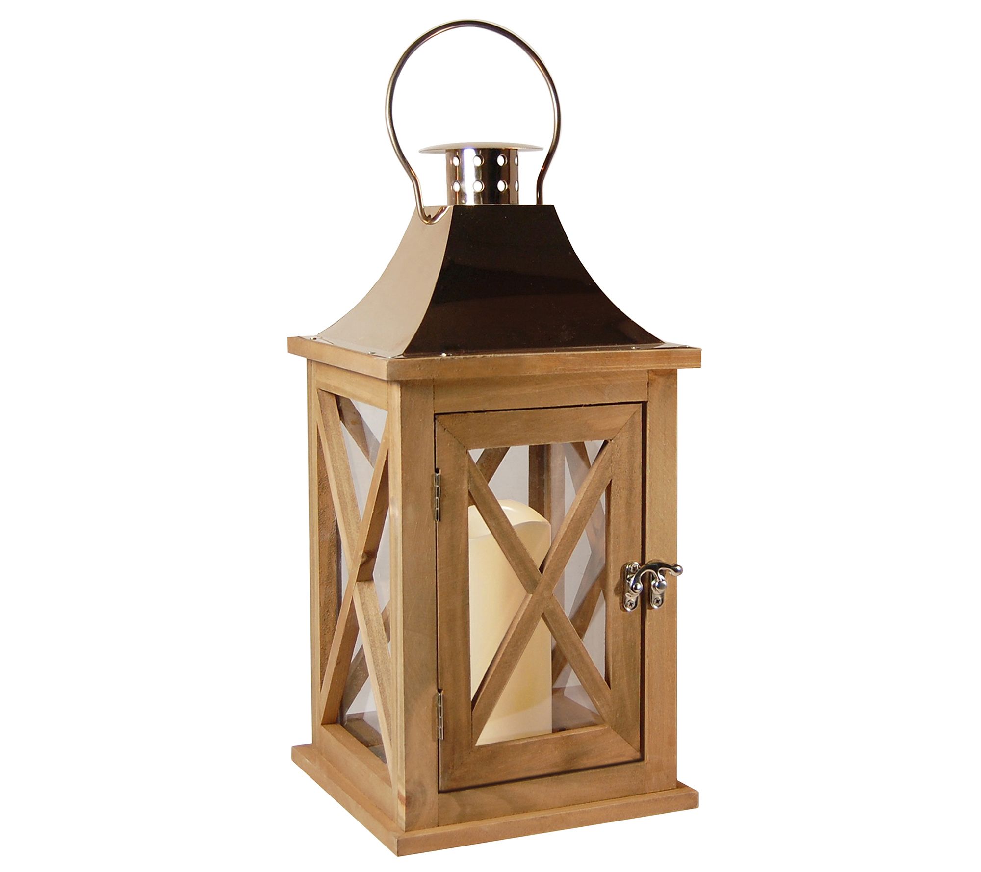 Wooden Led Lantern With Copper Roof And Battery Operated Candle Brown -  Lumabase : Target