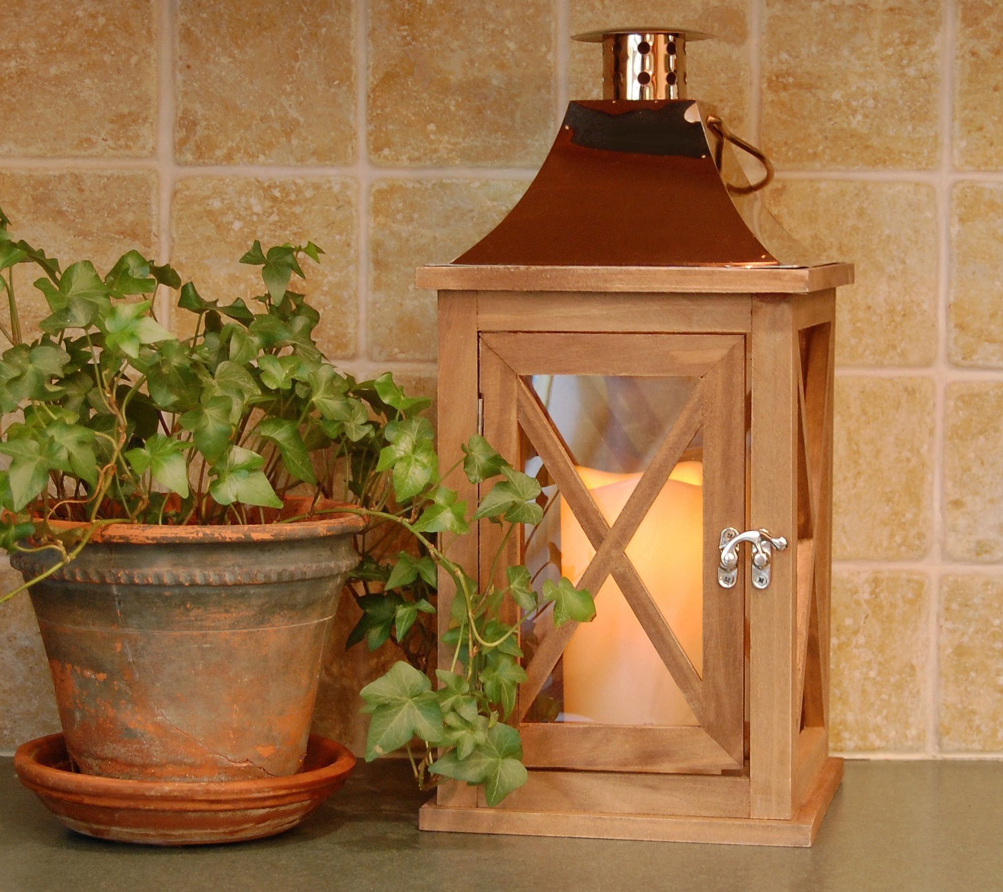 Wooden Led Lantern With Copper Roof And Battery Operated Candle Brown -  Lumabase : Target